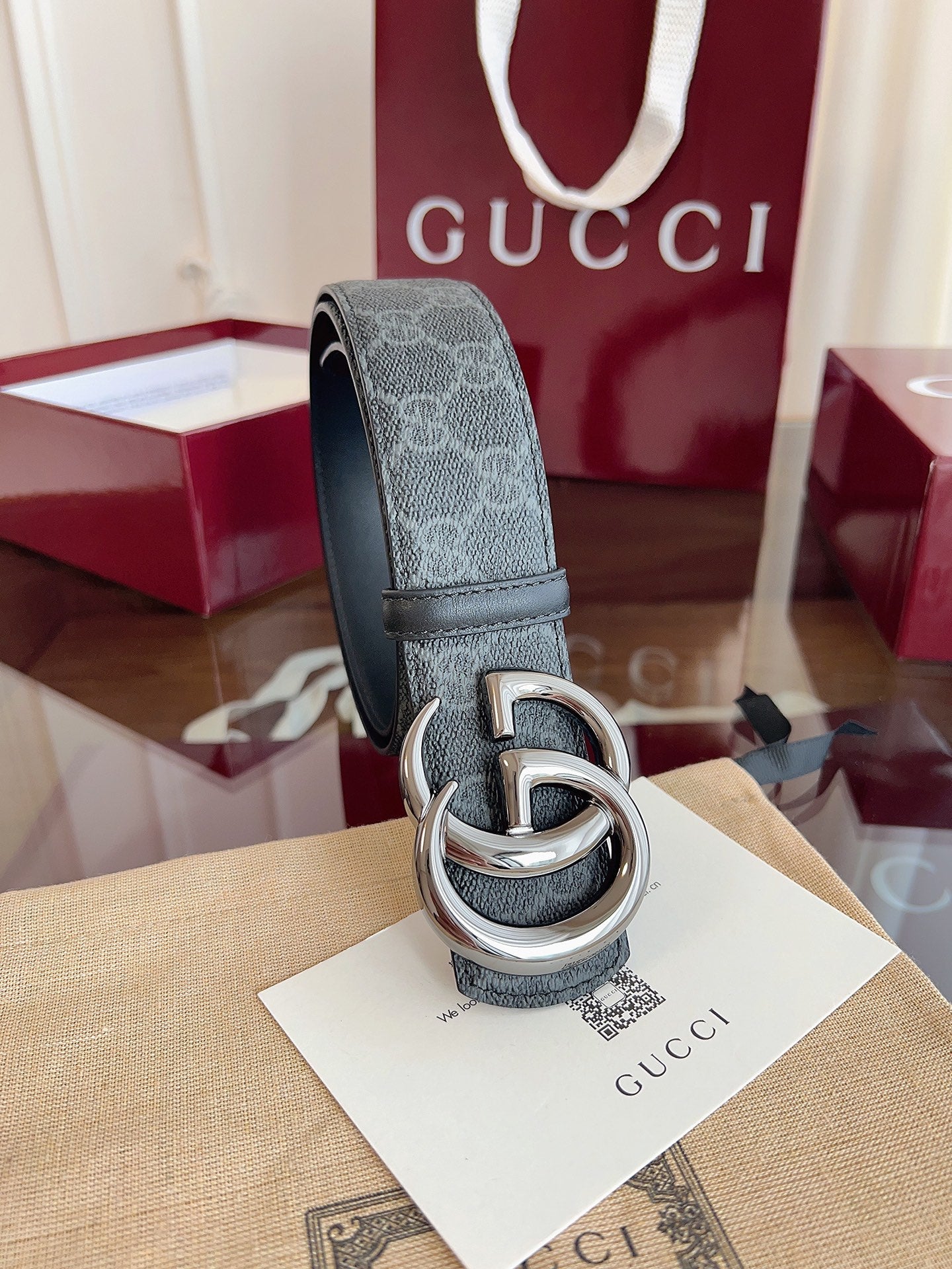 Gucci Belt Double G Blunt Copper Buckle 40mm Slate Gray Leather Canvas
