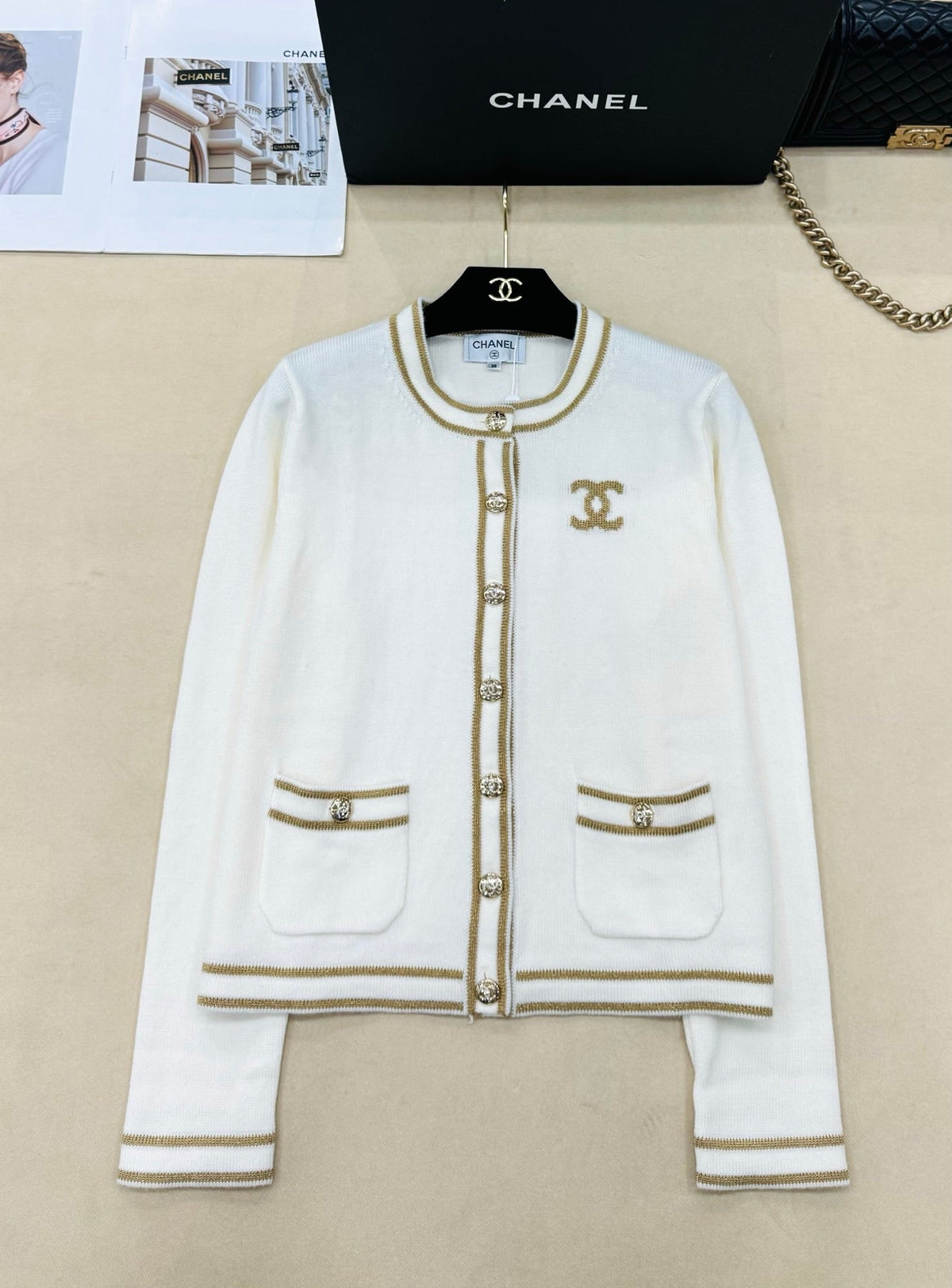 Chanel 26s Cardigan White Gold Knit