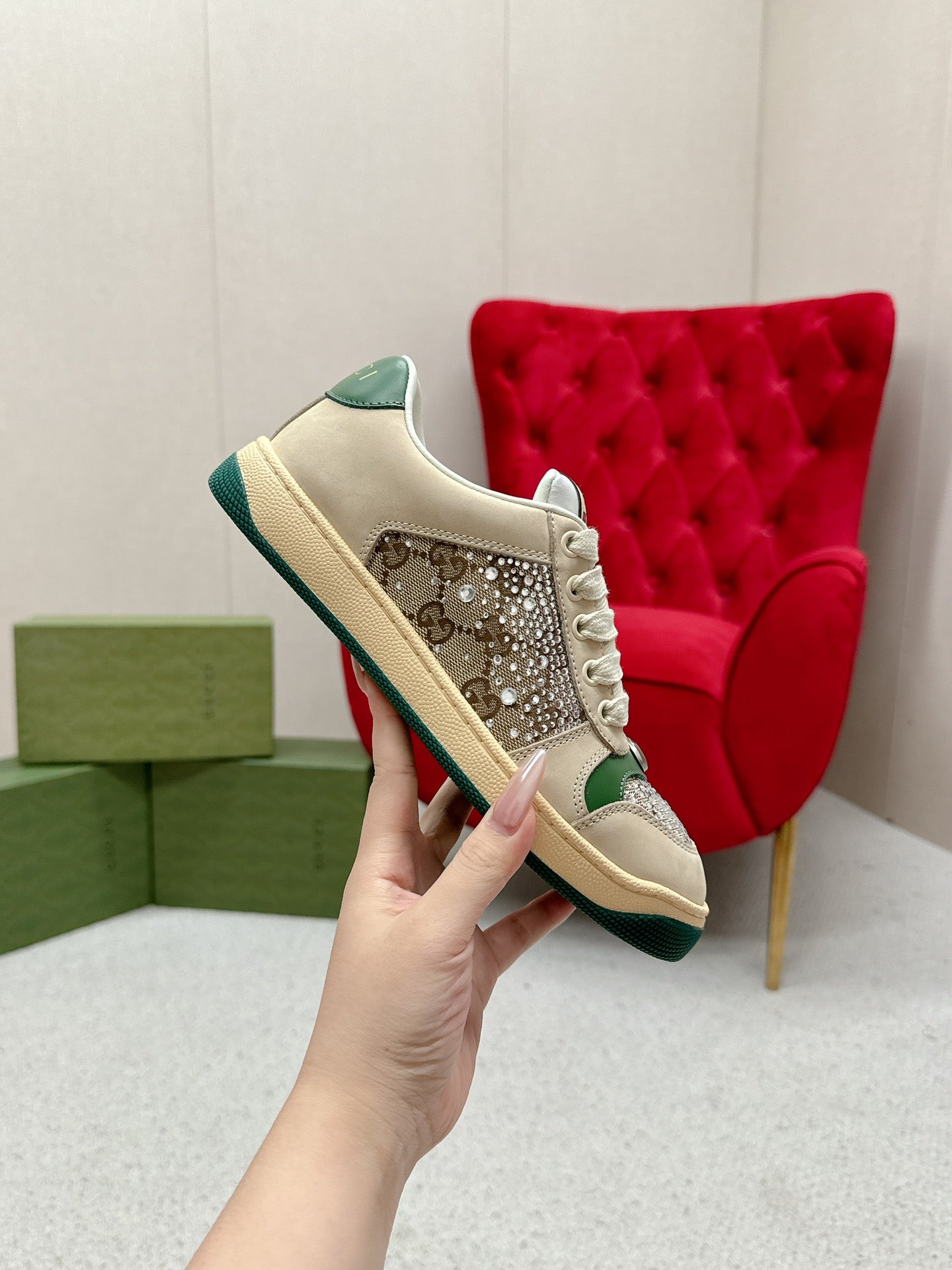 GG Sneaker Beige Suede Green Calfskin Crystal-Embellished
