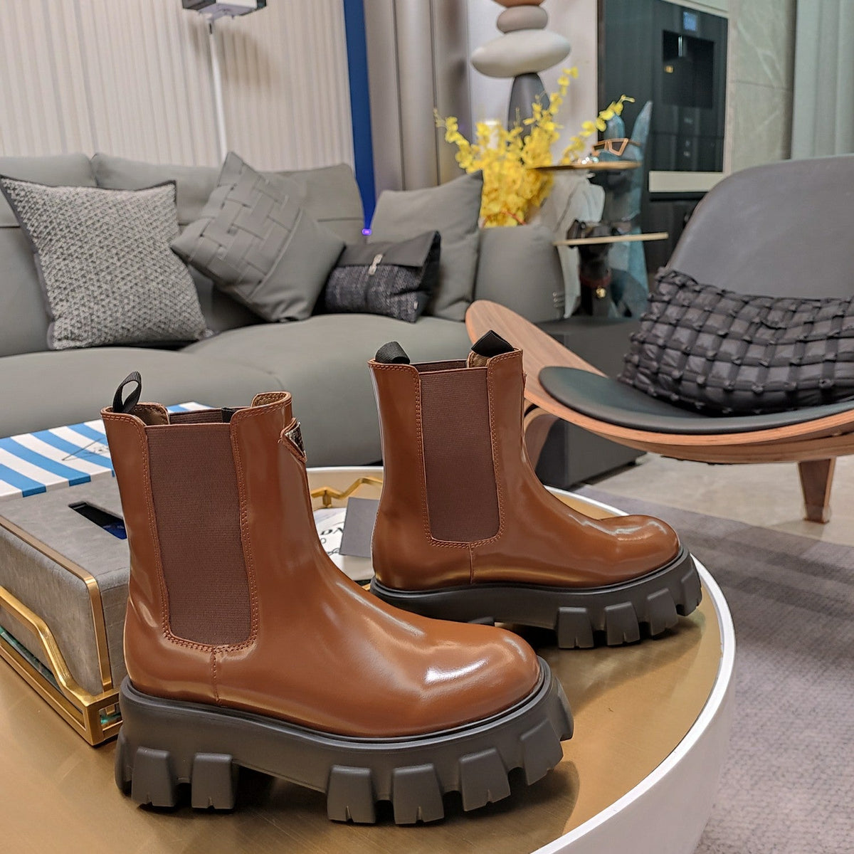 Prada 26s Chelsea Boots 6cm Cognac Lug-Sole Triangle Logo Leather 109471