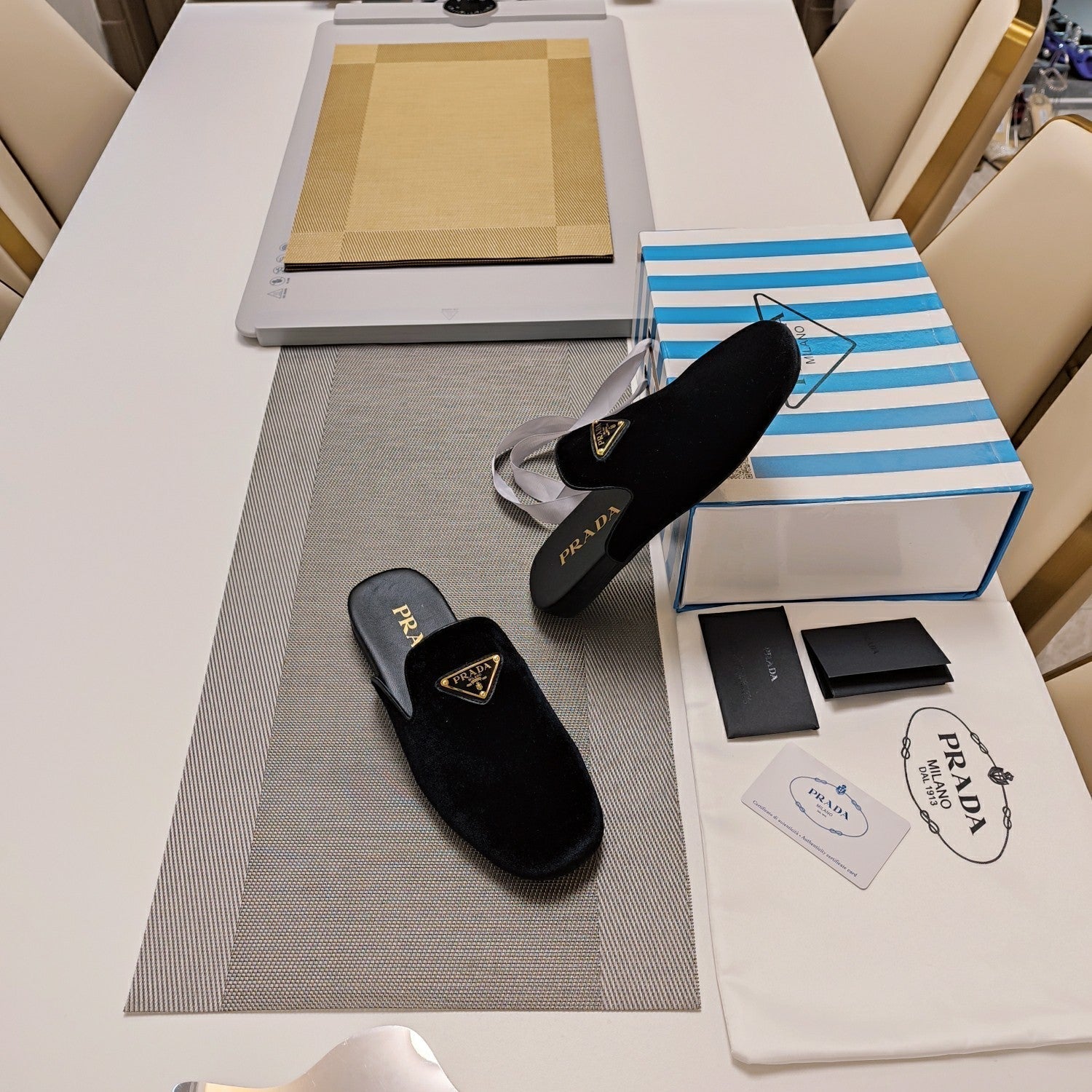 Prada 26s Square Toe Slippers In Black Red Velvet