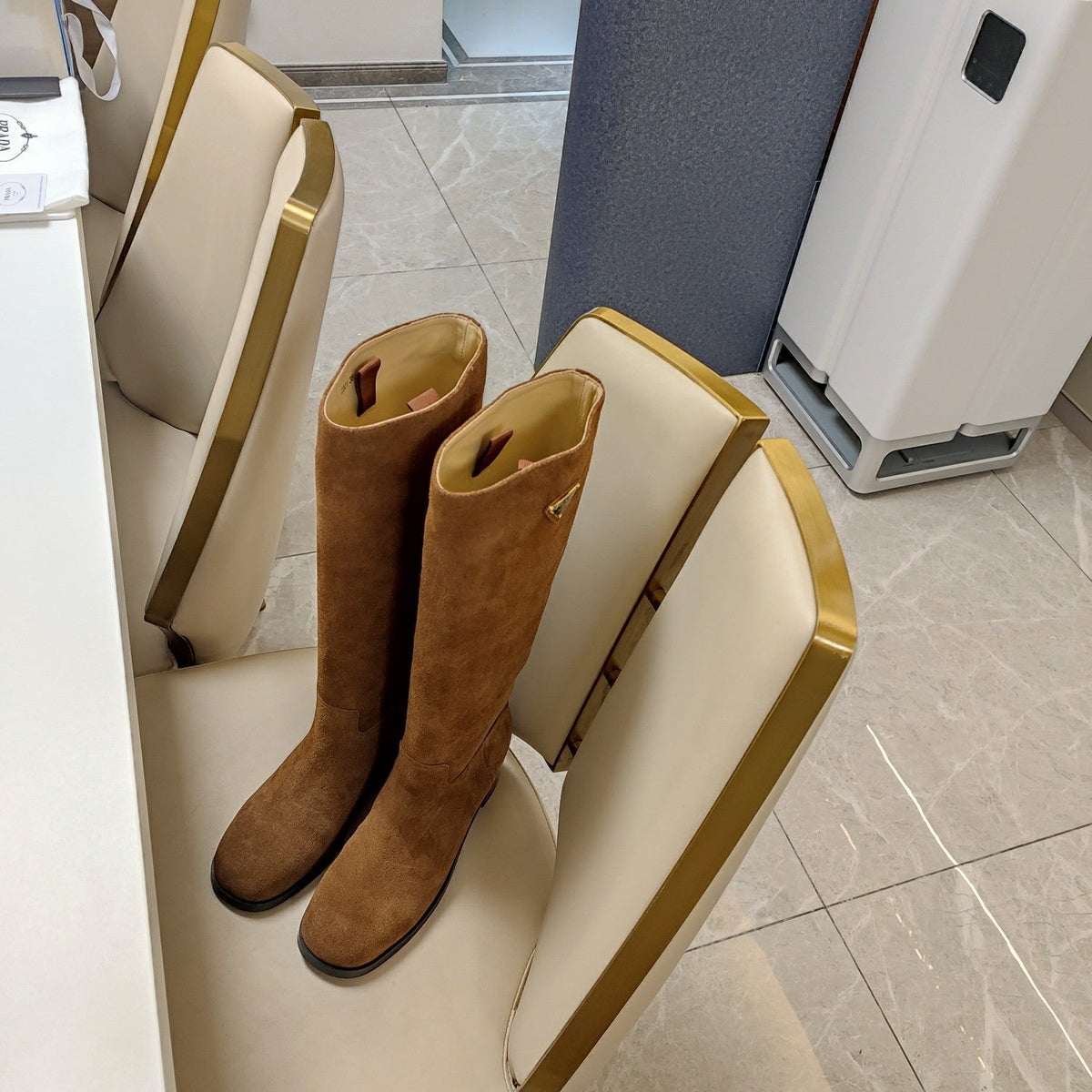 Prada 26s Triangle Logo Knee-High Boots 5.5cm Tan Brown Suede Leather 109480