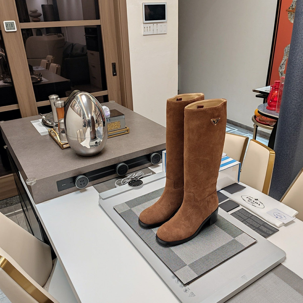 Prada 26s Triangle Logo Knee-High Boots 5.5cm Tan Brown Suede Leather 109480