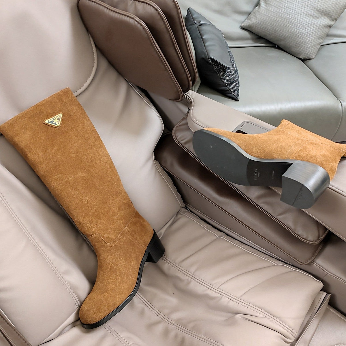 Prada 26s Triangle Logo Knee-High Boots 5.5cm Tan Brown Suede Leather 109480