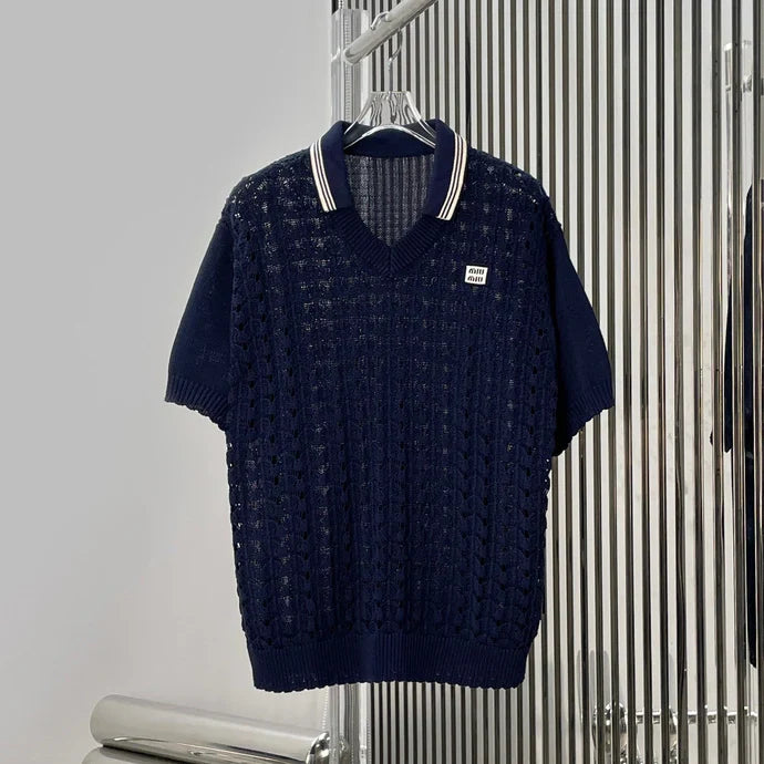 Miumiu 2026 Openwork Knit Crochet Shirt Navy Blue Wool
