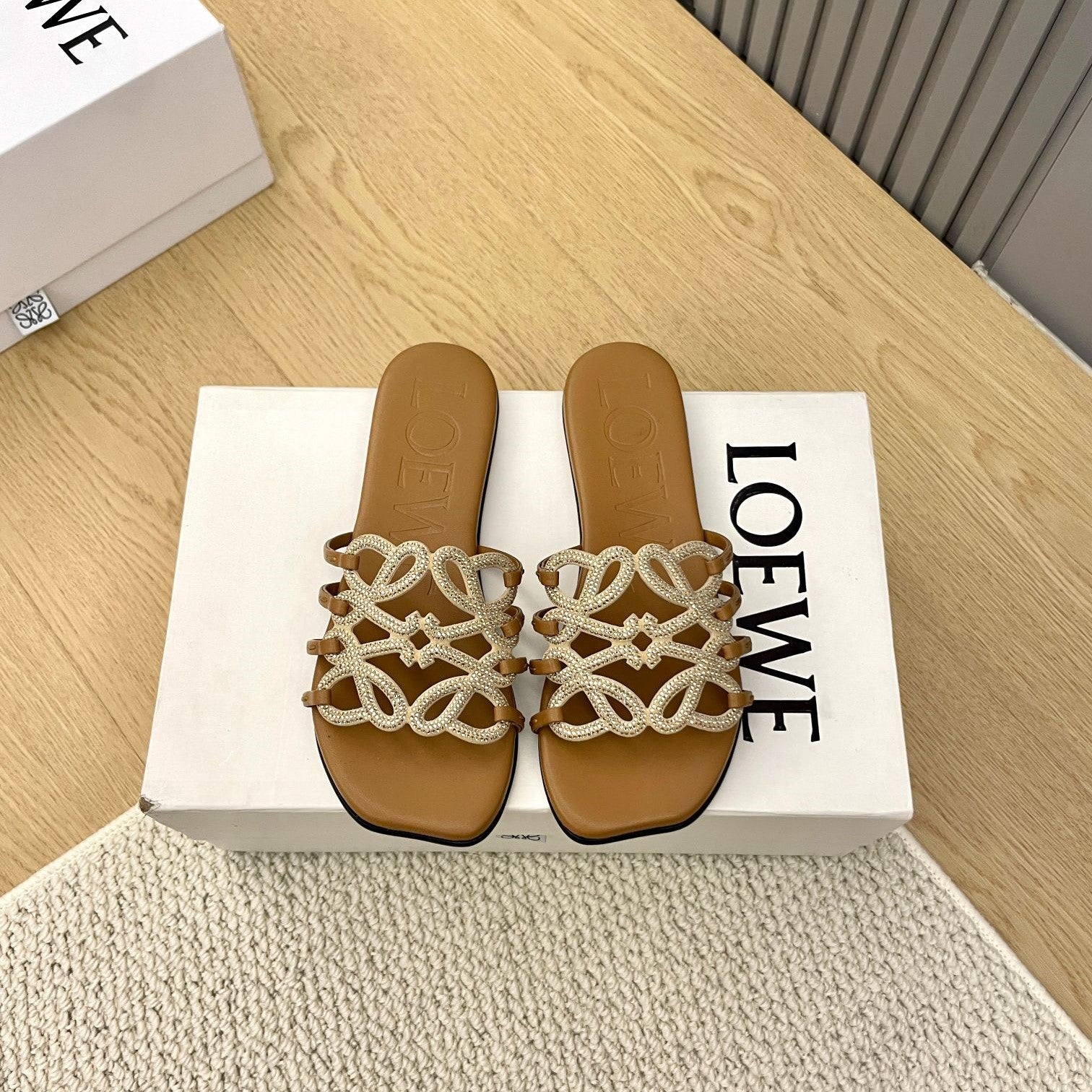 Loewe Petal Anagram Rhinestone Slides Brown Leather 723132