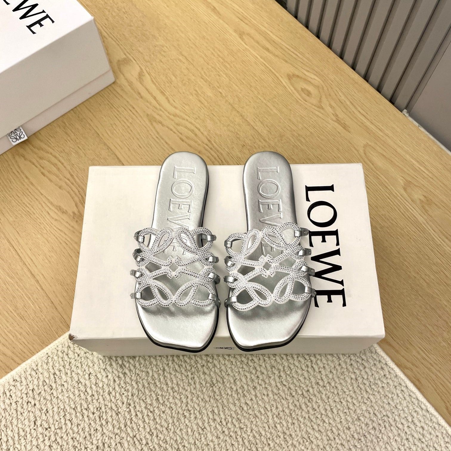 Loewe Petal Anagram Rhinestone Slides Sliver Leather 723138