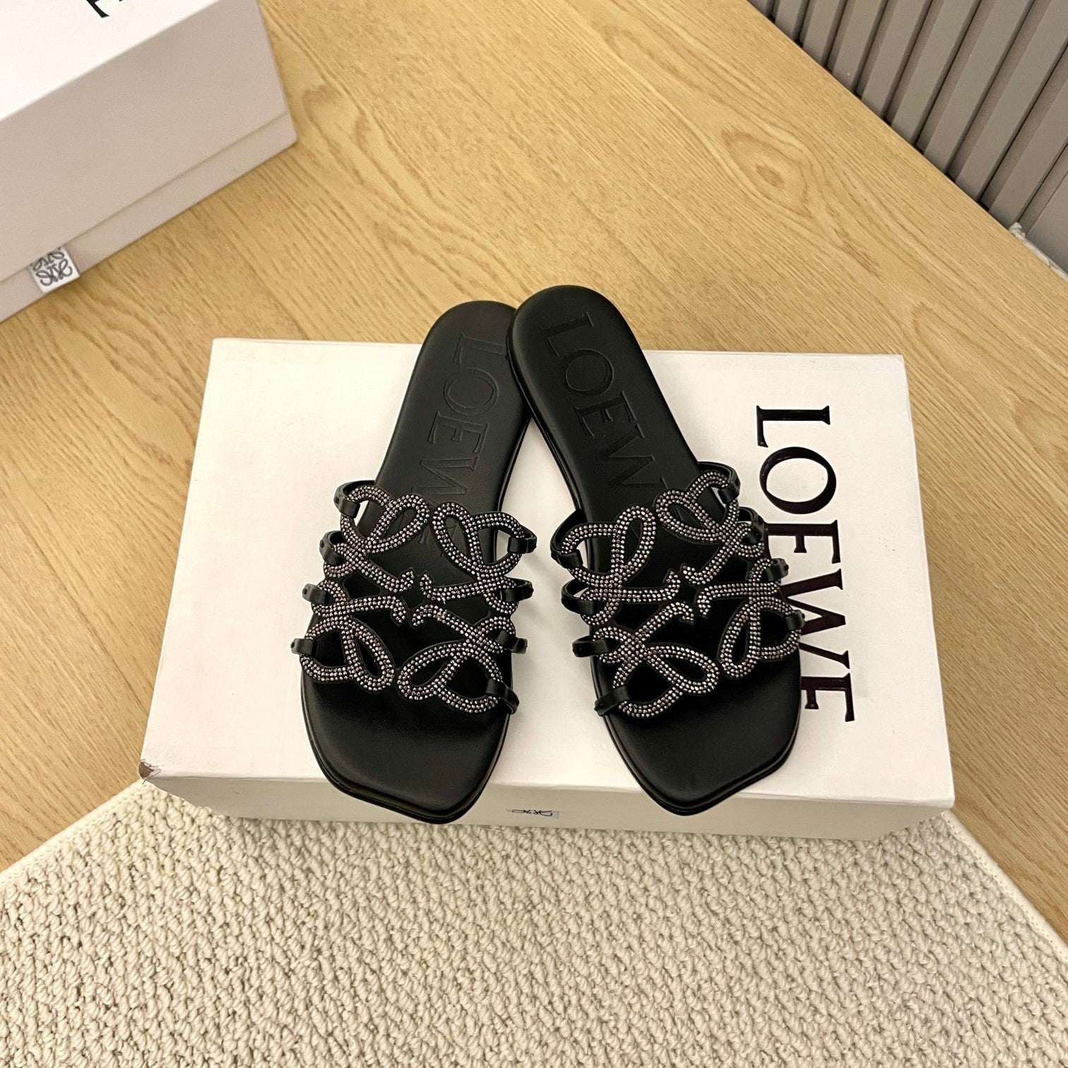 Loewe Petal Anagram Rhinestone Slides Black Leather 723139