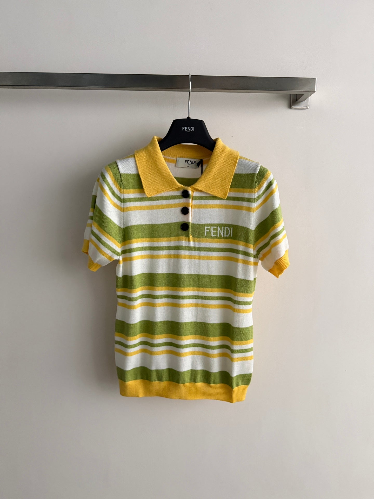 Fendi 26s Striped Polo Shirt Yellow Olive Knit 363766