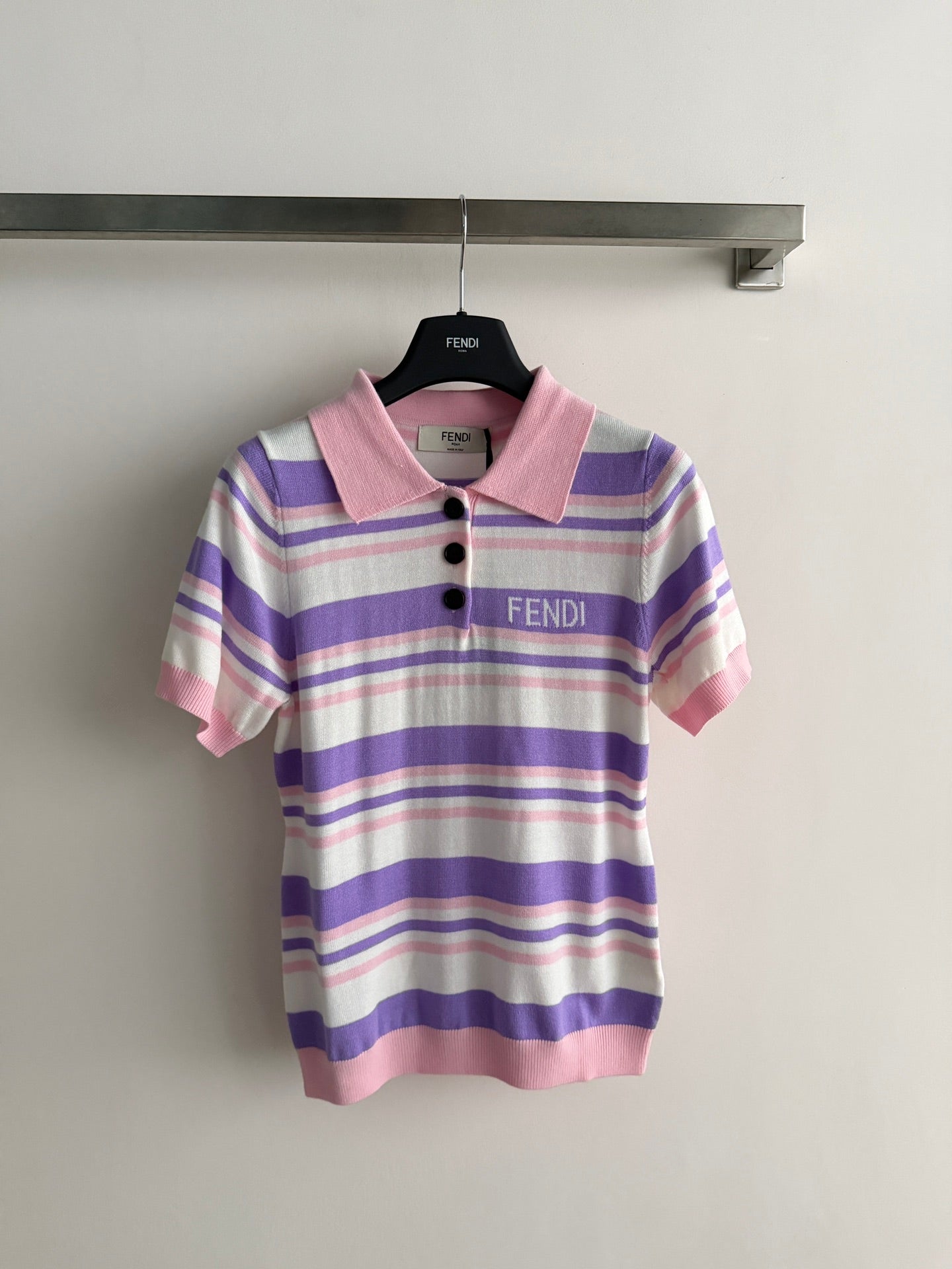 Fendi 26s Striped Polo Shirt Pink Purple Knit 363765