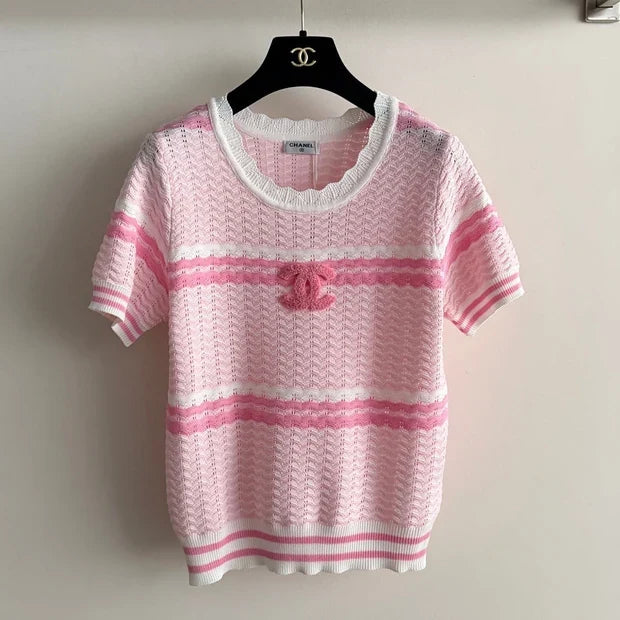 Chanel 2026 Striped Short-sleeved Shirt Pink White Wool