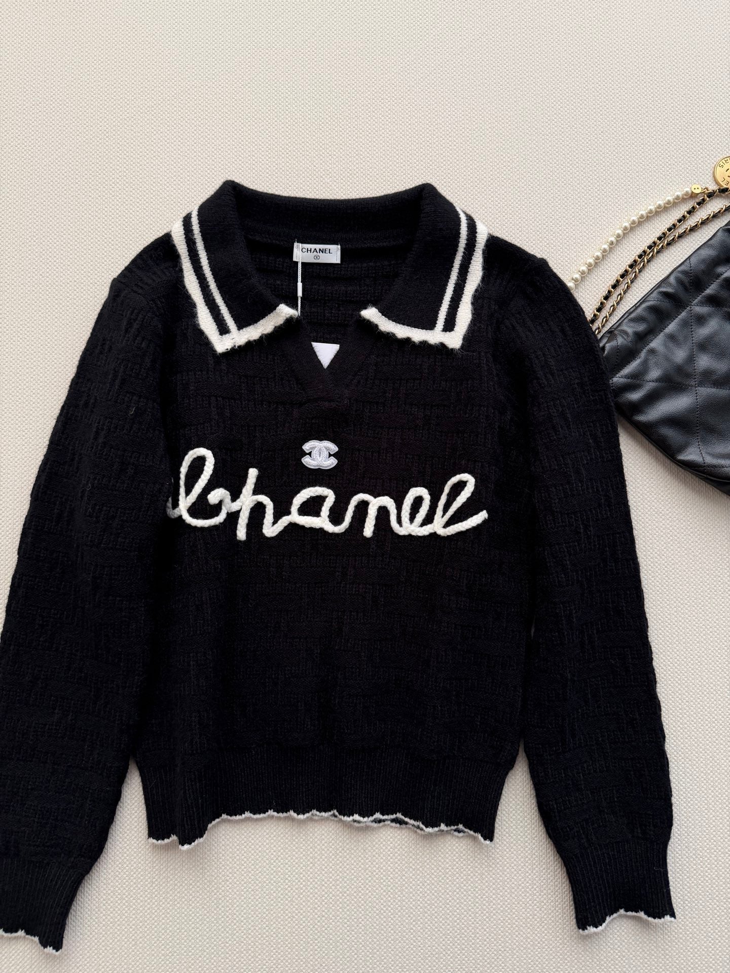CC 26s Polo Knit Top Black Wool 417720