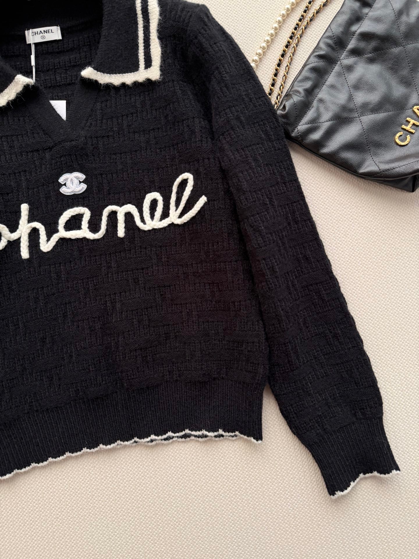 CC 26s Polo Knit Top Black Wool 417720