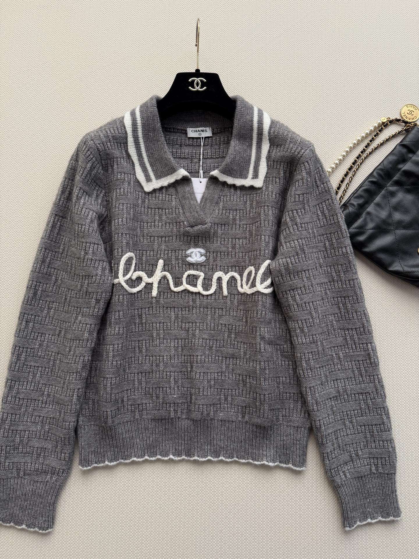 CC 26s Polo Knit Top Grey Wool 417721