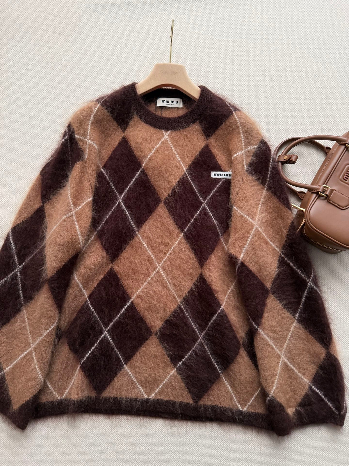 Miu Miu 26s Sweater Brown Argyle Knit 447314