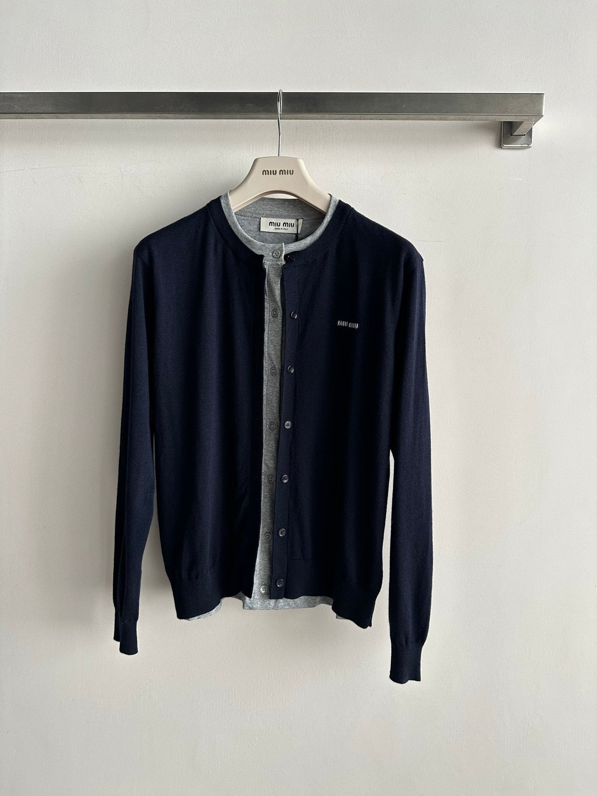 Miu Miu 26s Cardigan Navy Layered Knit 447309