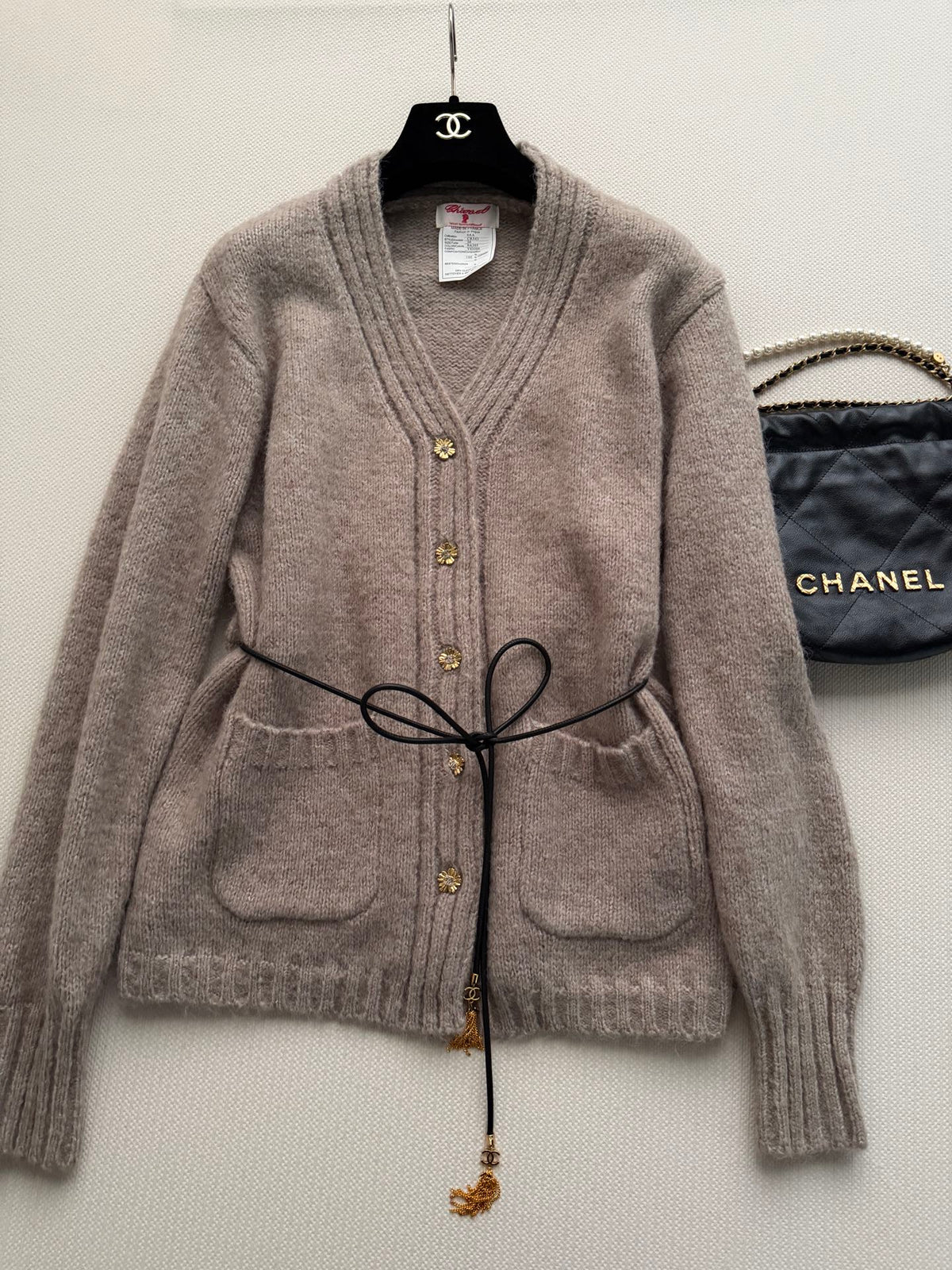Chanel 26s Cardigan Beige Belted Knit 447138