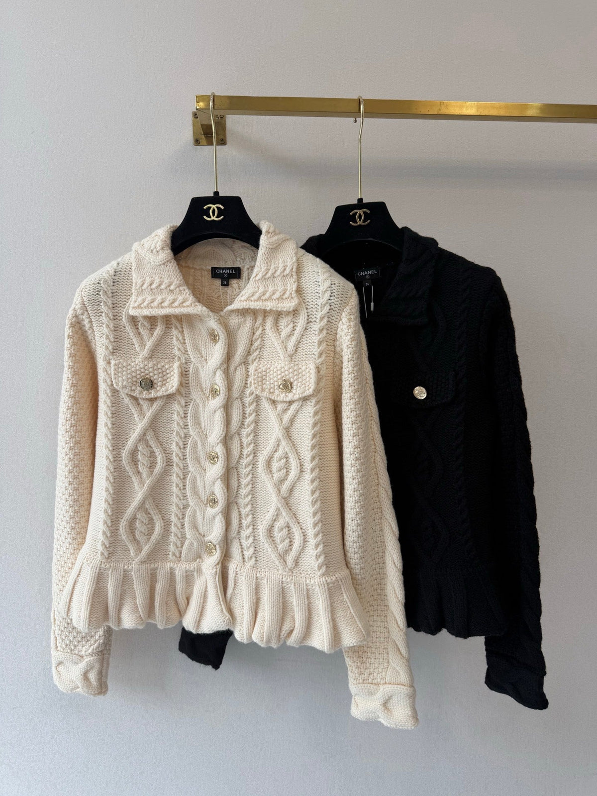 Chanel 2026 Cable Knit Ruffle Hem Collared Cardigan Jacket Cashmere 438210
