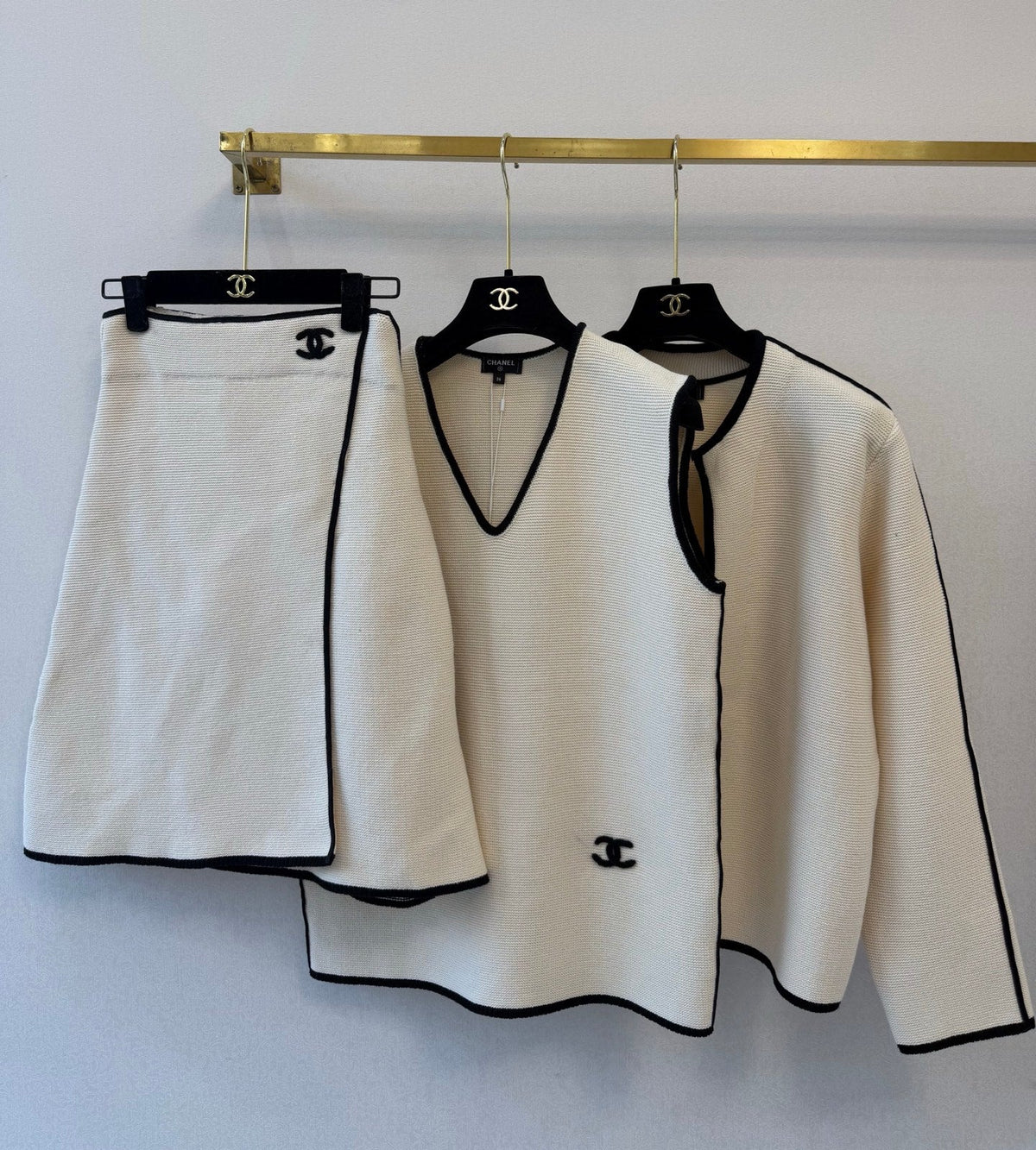 Chanel 2026 Contrast Trim Knit Vest Skirt and Cardigan 3-Piece Set Cotton Blend 438190
