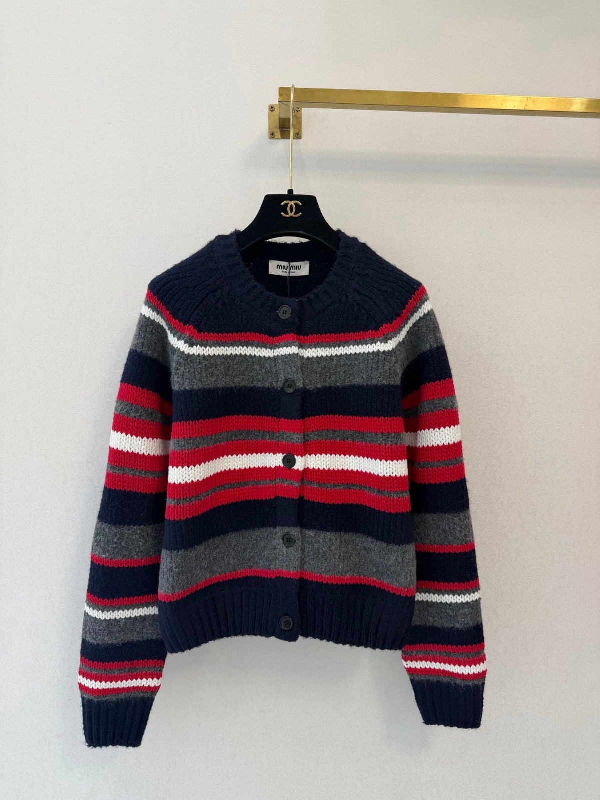 Miu Miu 26s Striped Knit Cardigan Navy Blue Alpaca Silk Wool 451041