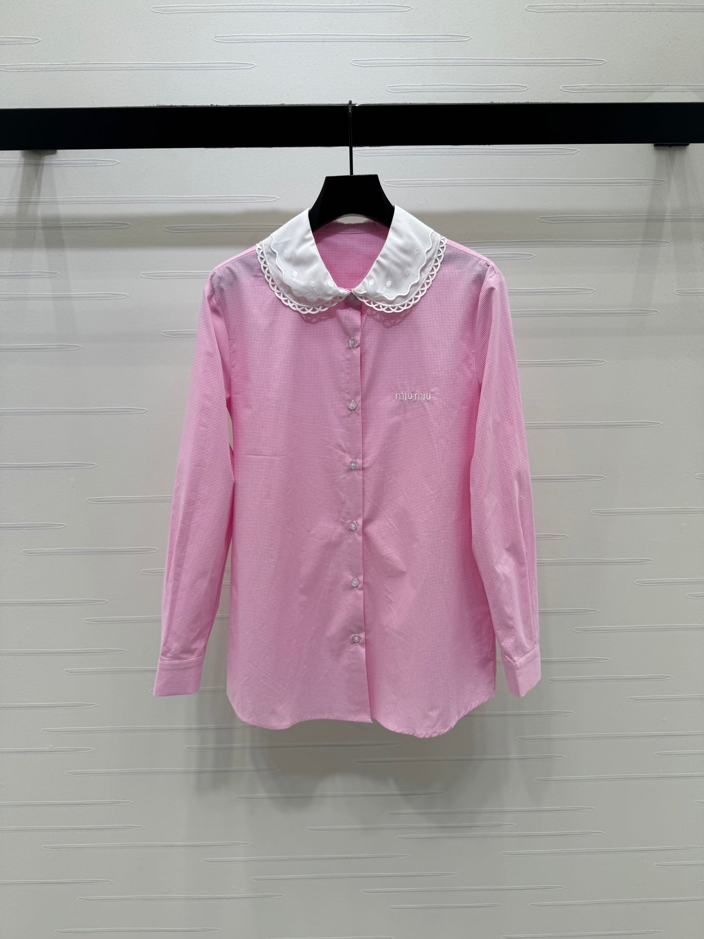 Miu Peter Pan Collar Plaid Shirt Pink Cotton 392637