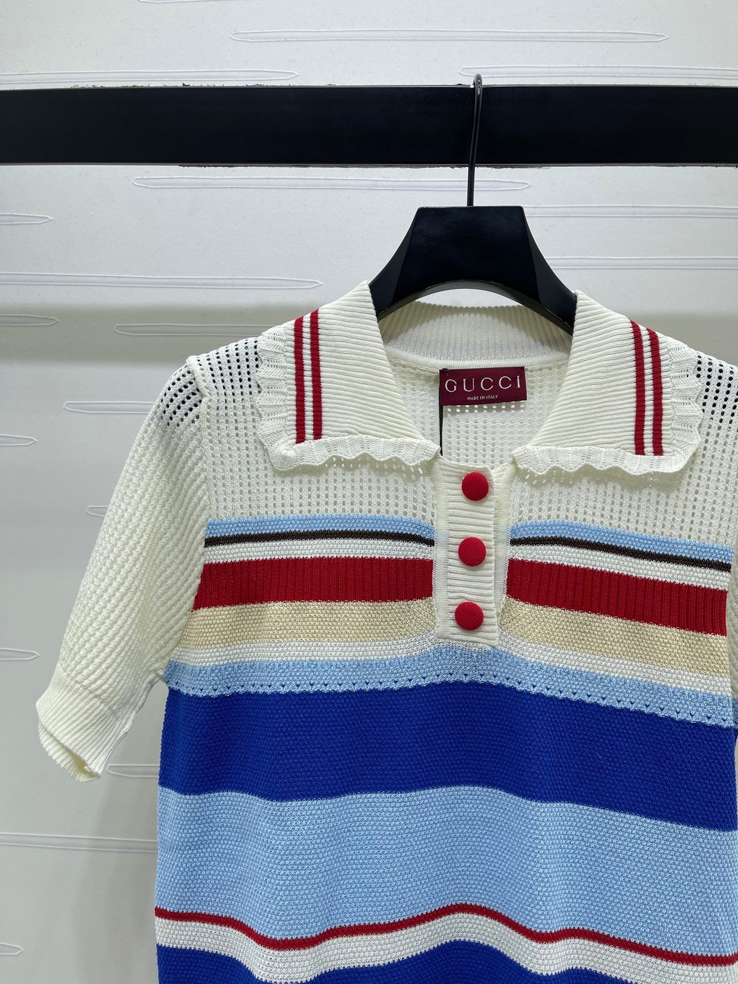 GG 26s Hollow Striped Collared Knit Short Sleeve 406541