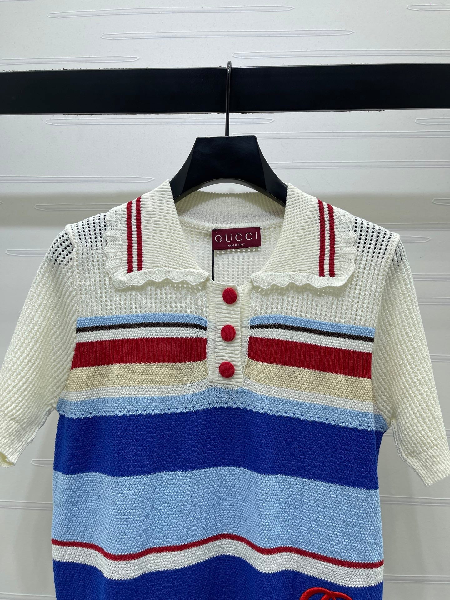 GG 26s Hollow Striped Collared Knit Short Sleeve 406541