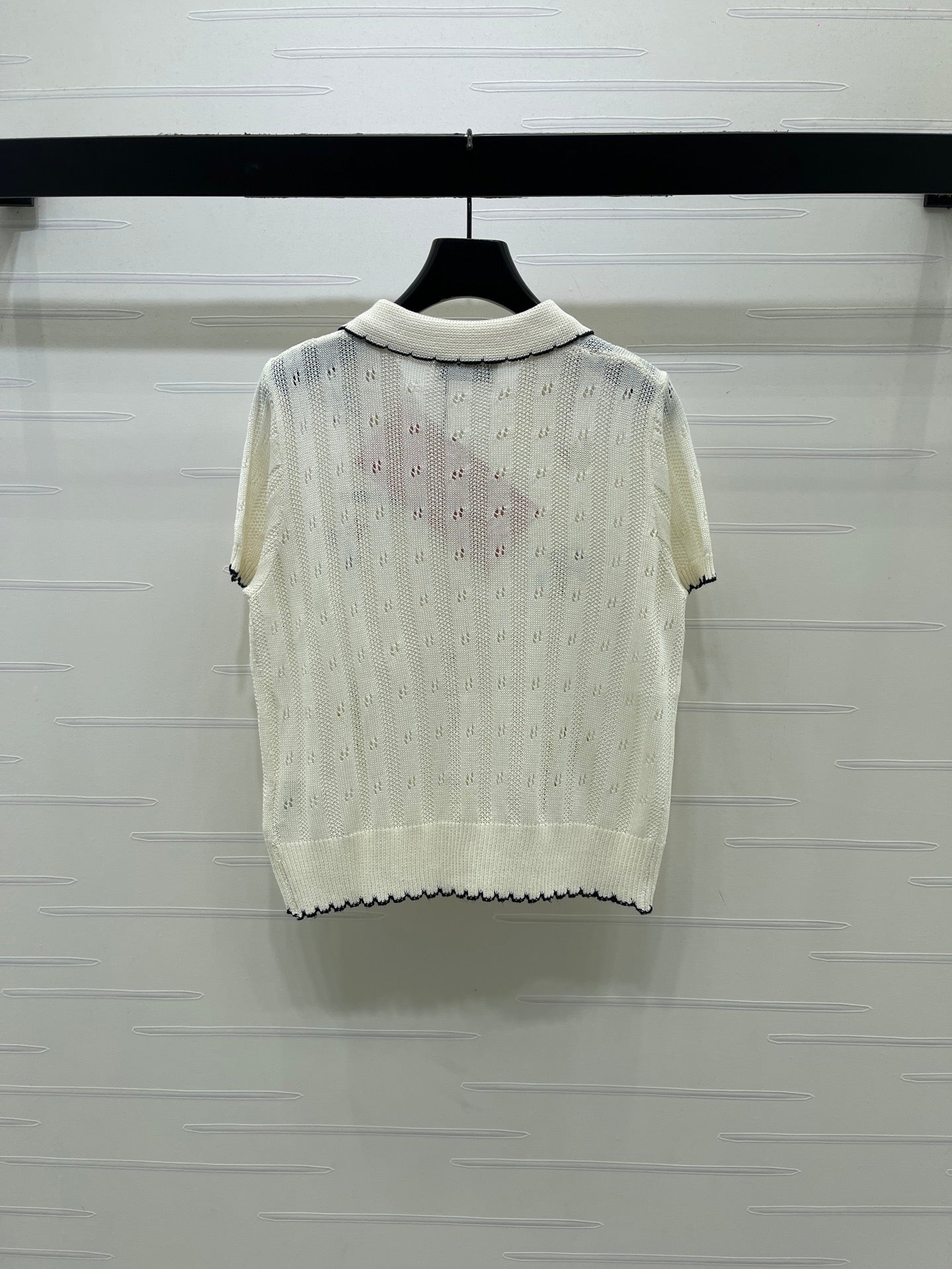 Miu 26s Hollow Striped Collared Knit Short Sleeve White Wool 406537