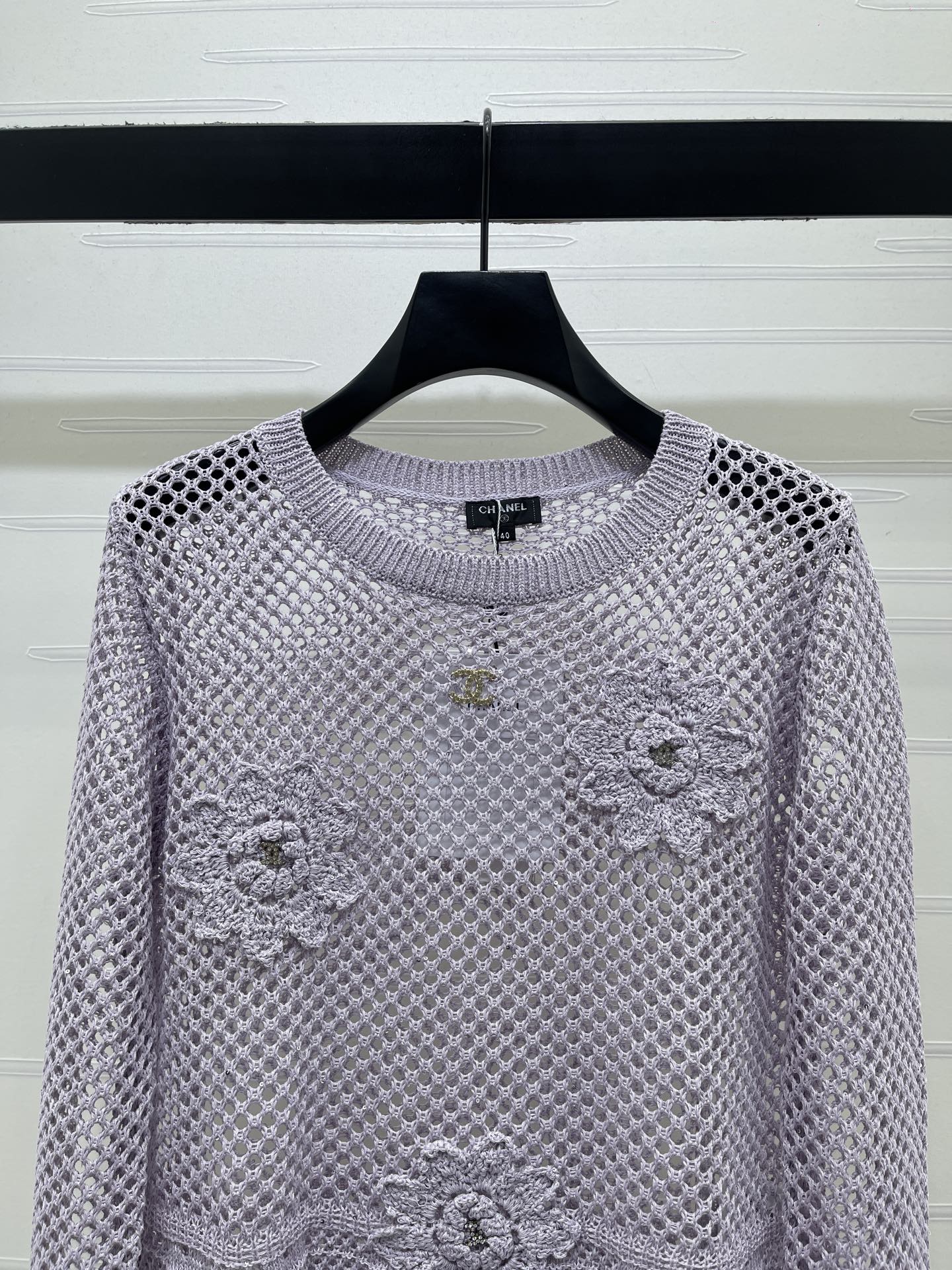 CC 26s Hollow-Out Crochet Knit Long-Sleeved Top Purple Wool 406546