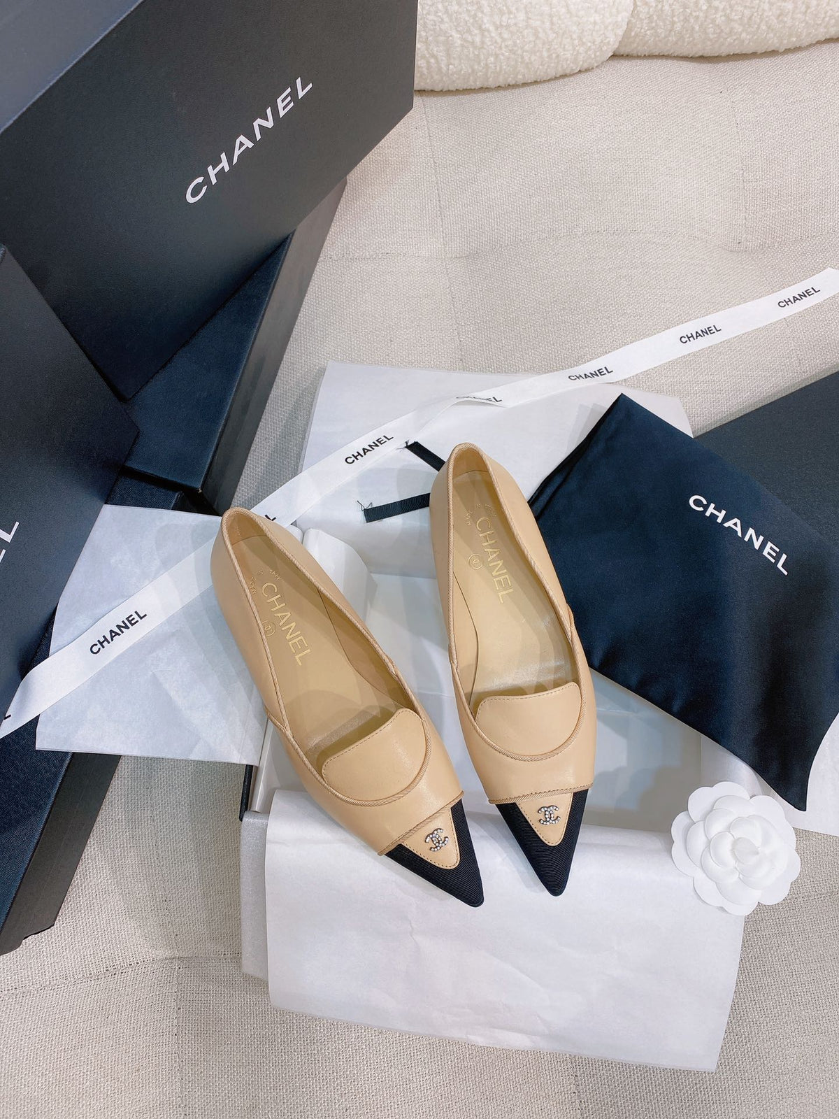 Chanel 26s Ballet Flats Beige Black Grosgrain Leather 156613
