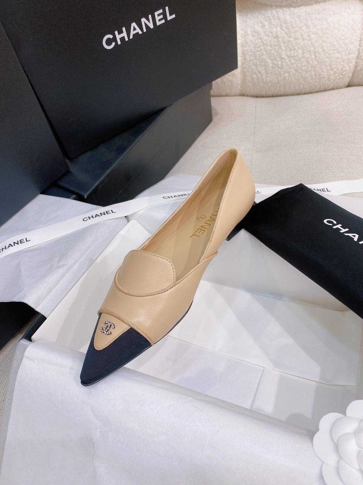 Chanel 26s Ballet Flats Beige Black Grosgrain Leather 156613