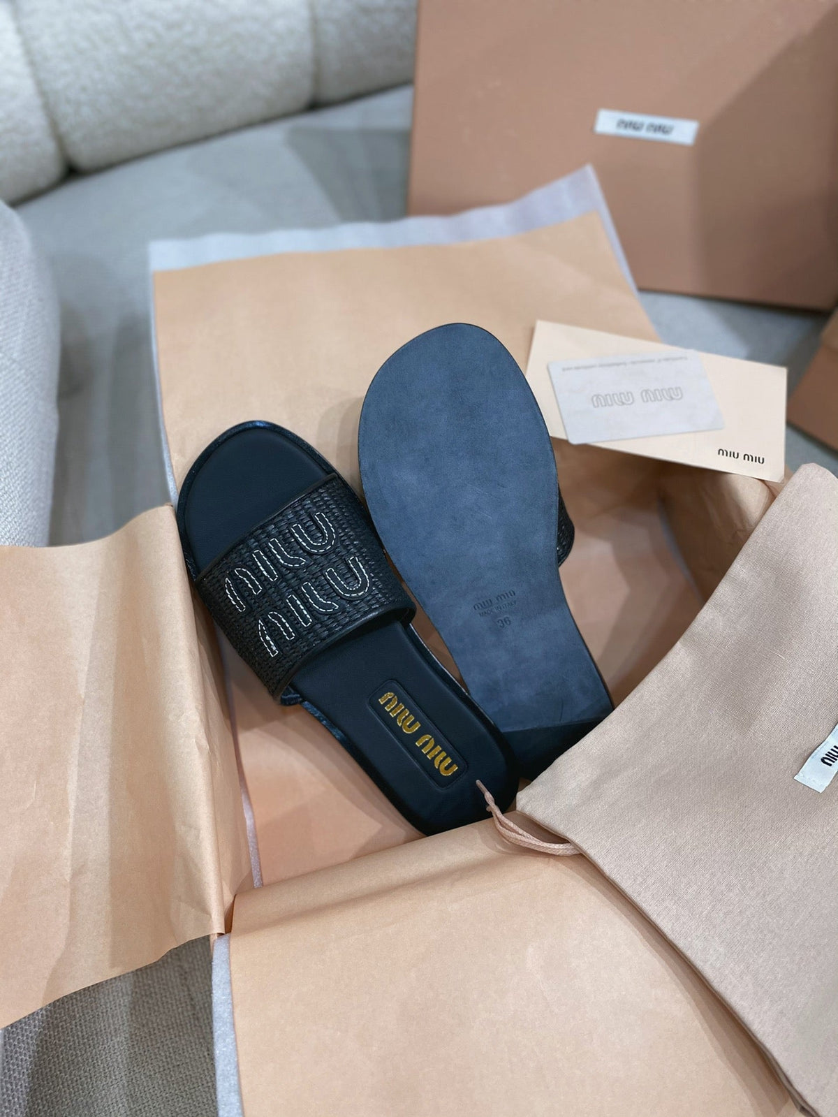 Miu Miu 26s Stuoia Raffia Logo Flat Slide Sandals Black 155455
