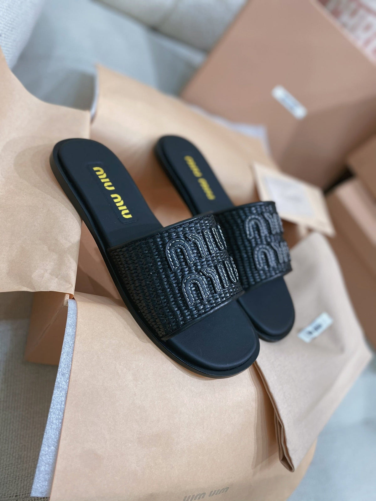 Miu Miu 26s Stuoia Raffia Logo Flat Slide Sandals Black 155455