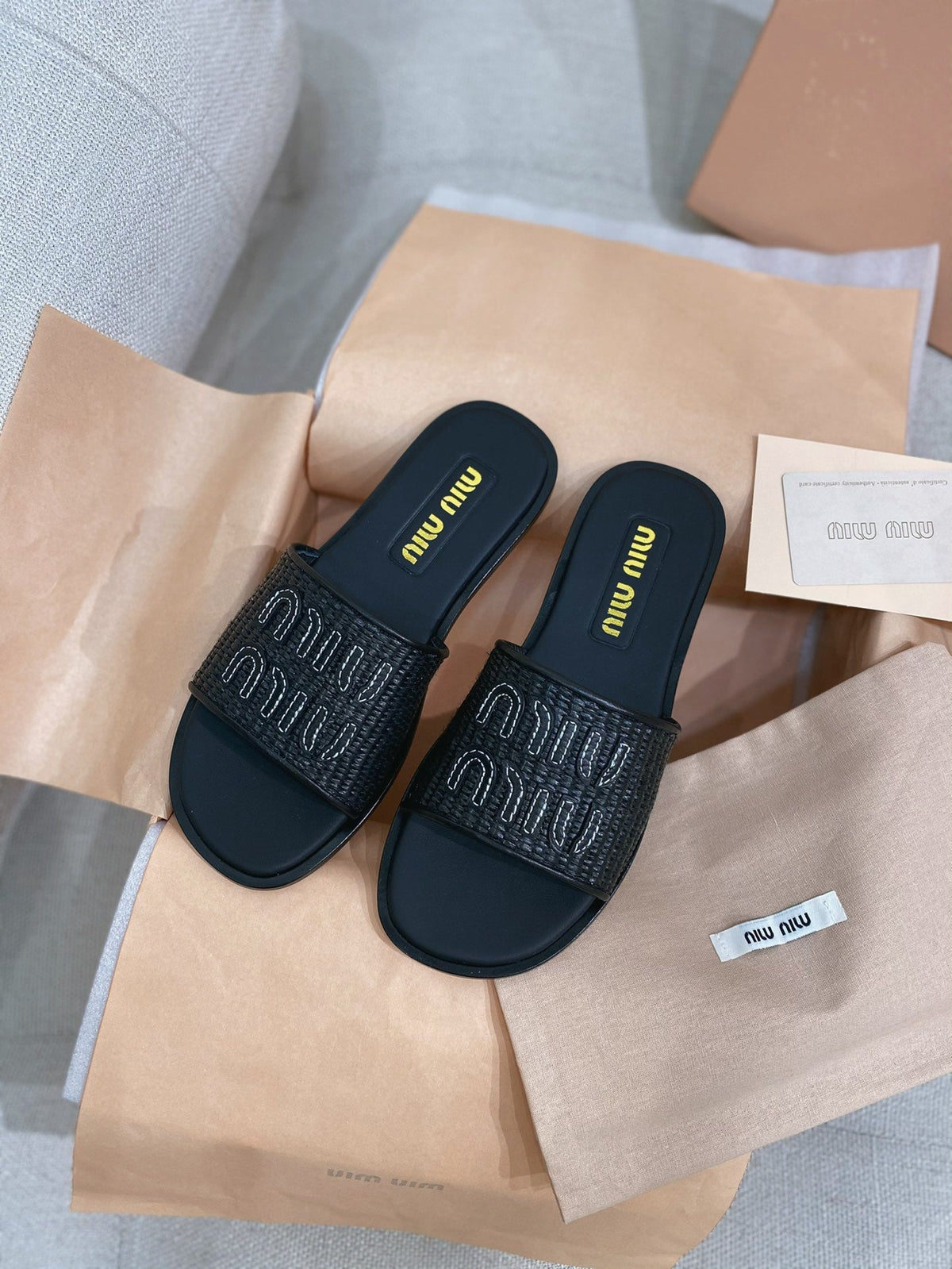 Miu Miu 26s Stuoia Raffia Logo Flat Slide Sandals Black 155455