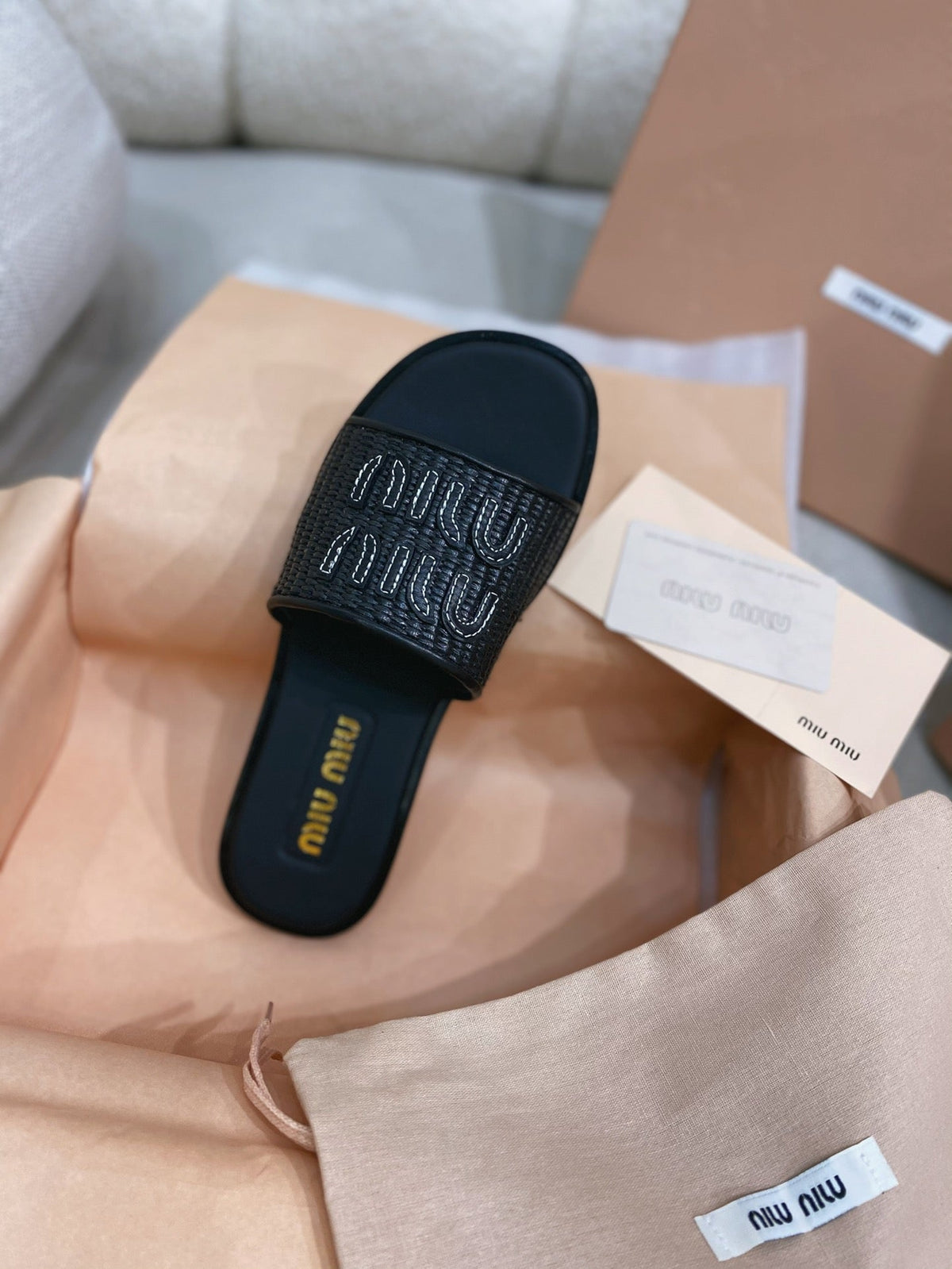 Miu Miu 26s Stuoia Raffia Logo Flat Slide Sandals Black 155455