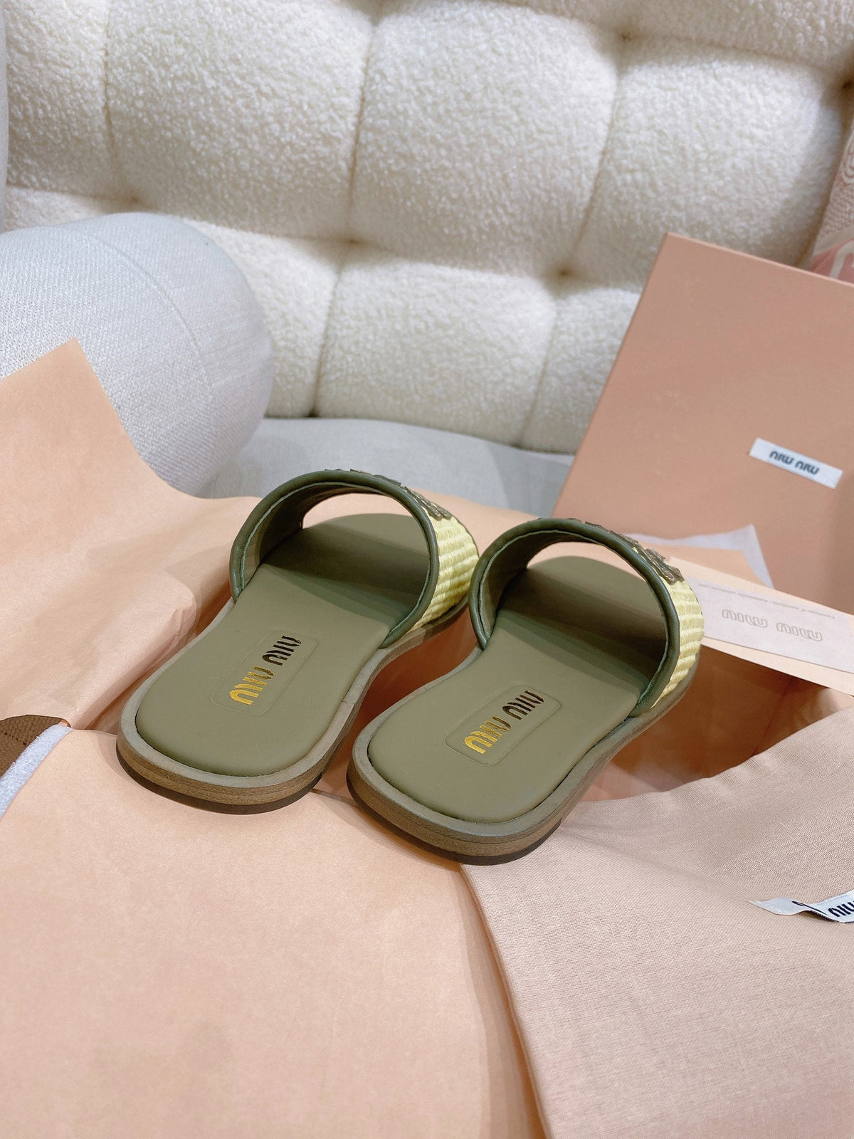Miu Miu 26s Stuoia Raffia Logo Flat Slide Sandals Olive Green 155456