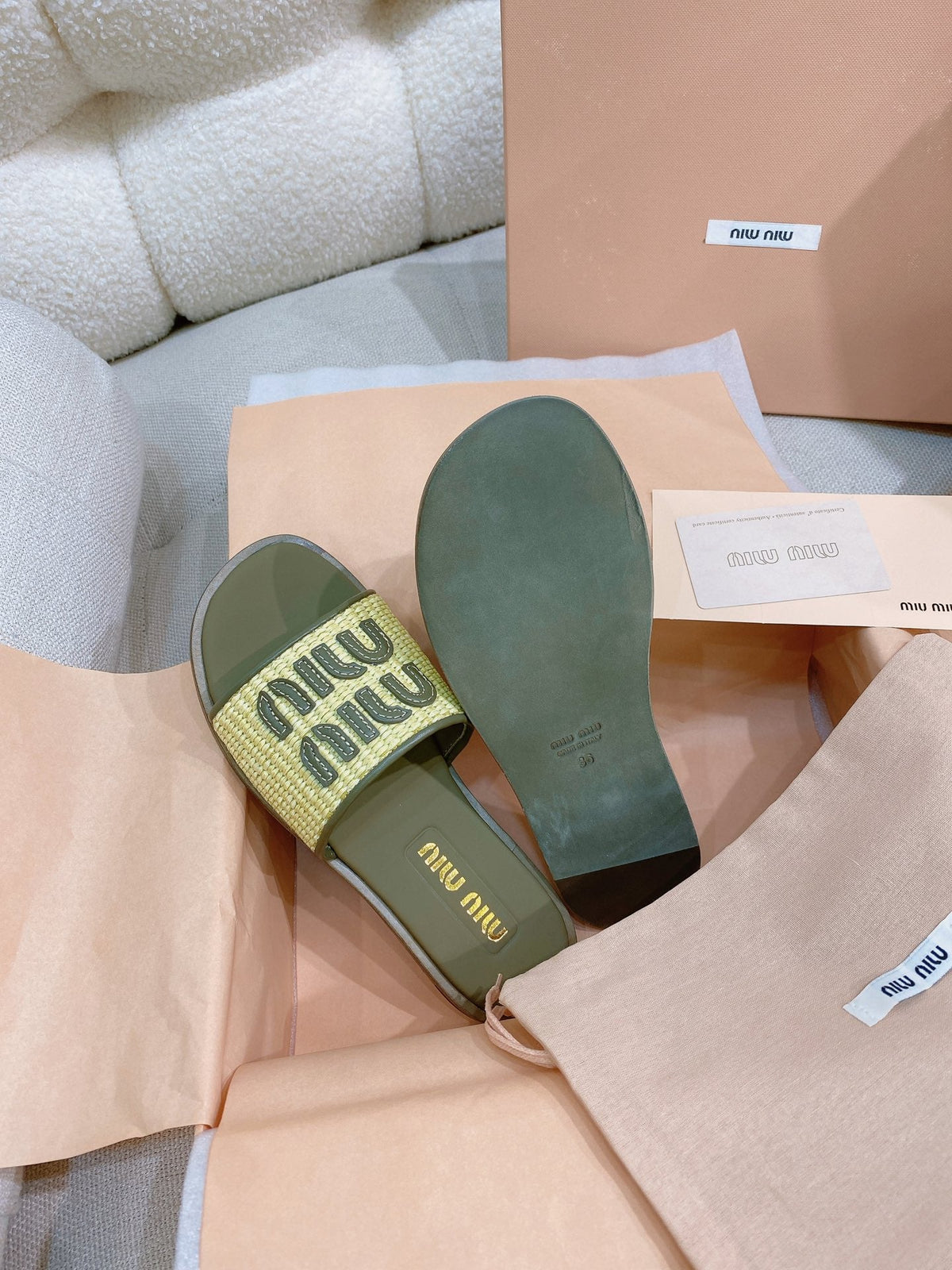 Miu Miu 26s Stuoia Raffia Logo Flat Slide Sandals Olive Green 155456
