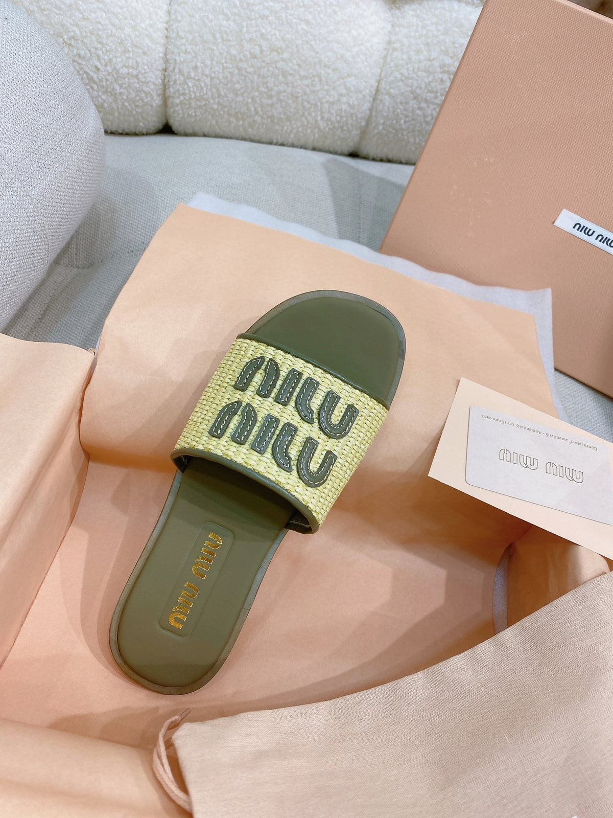Miu Miu 26s Stuoia Raffia Logo Flat Slide Sandals Olive Green 155456