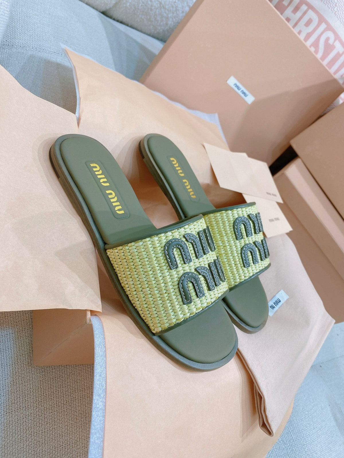 Miu Miu 26s Stuoia Raffia Logo Flat Slide Sandals Olive Green 155456