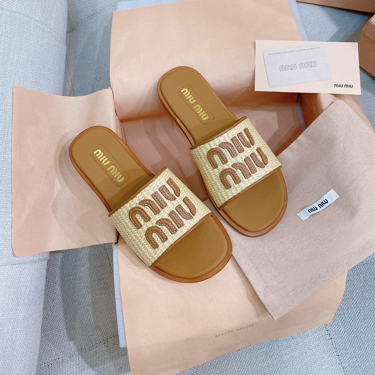 Miu Miu 26s Stuoia Raffia Logo Flat Slide Sandals Beige Brown 155457