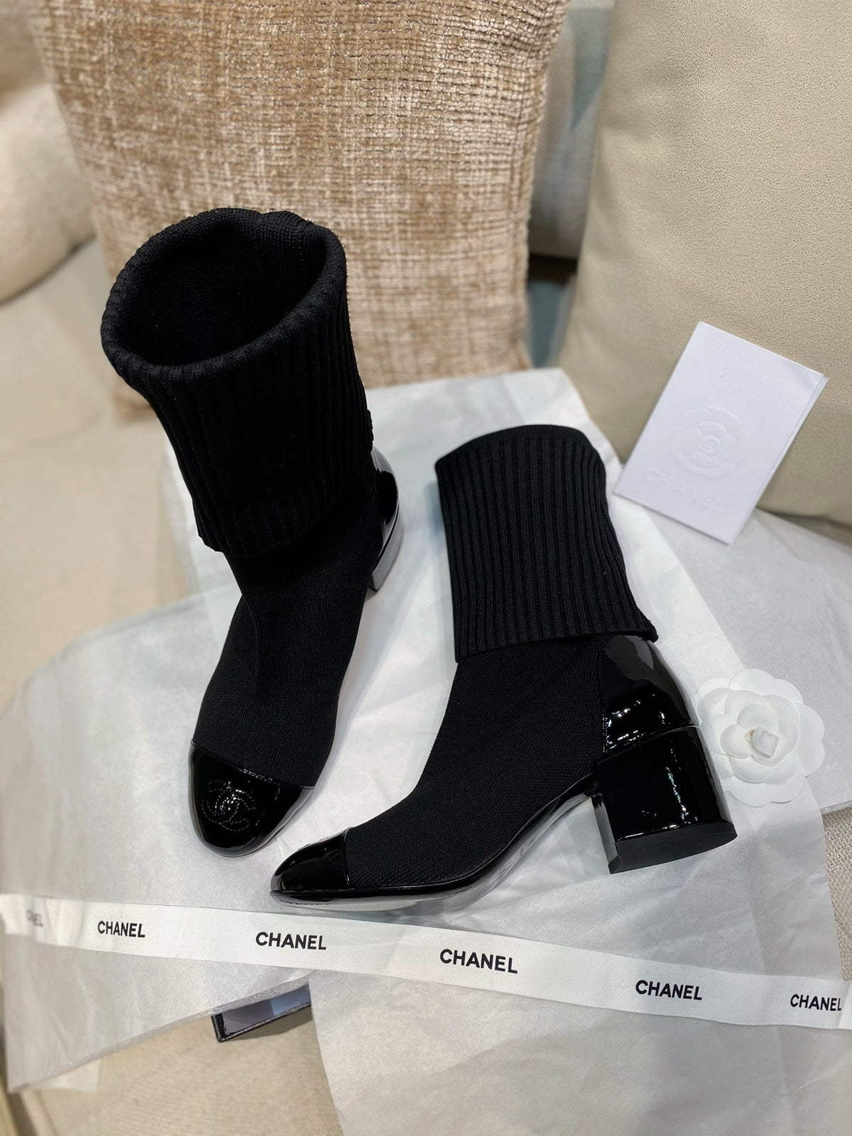 Chanel 26s Sock Boots 5.5cm Black Knit Patent Leather 156617