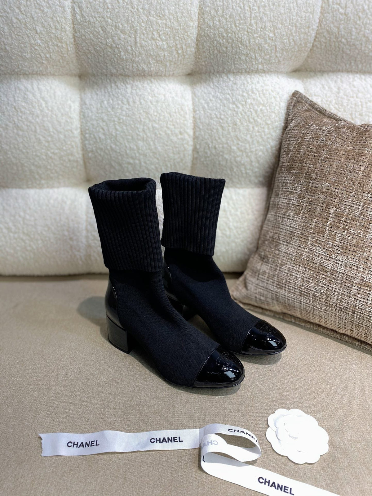 Chanel 26s Sock Boots 5.5cm Black Knit Patent Leather 156617