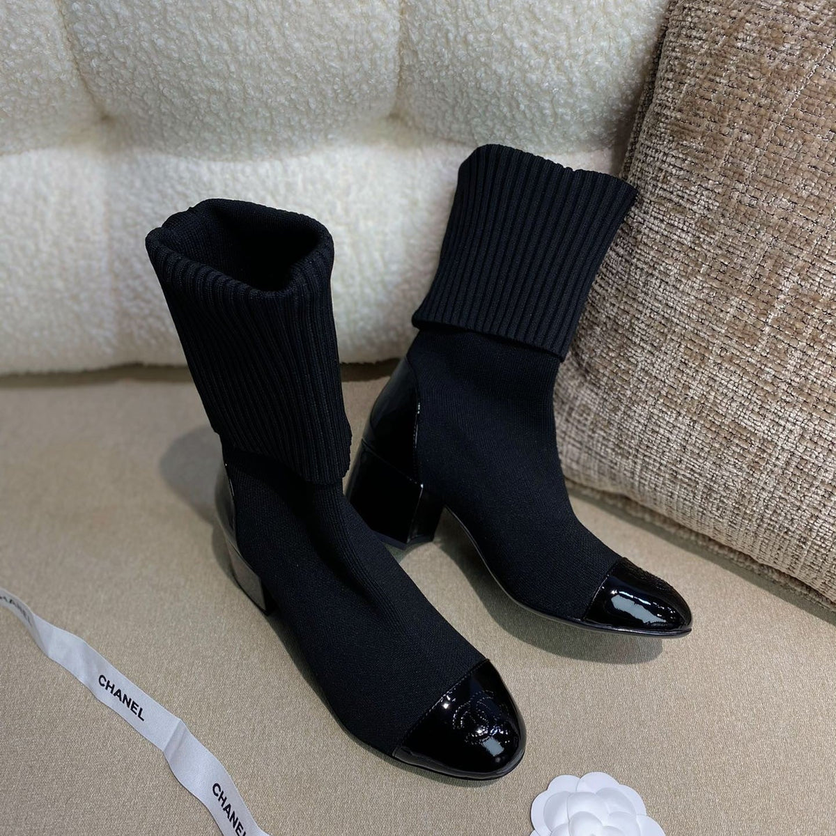 Chanel 26s Sock Boots 5.5cm Black Knit Patent Leather 156617