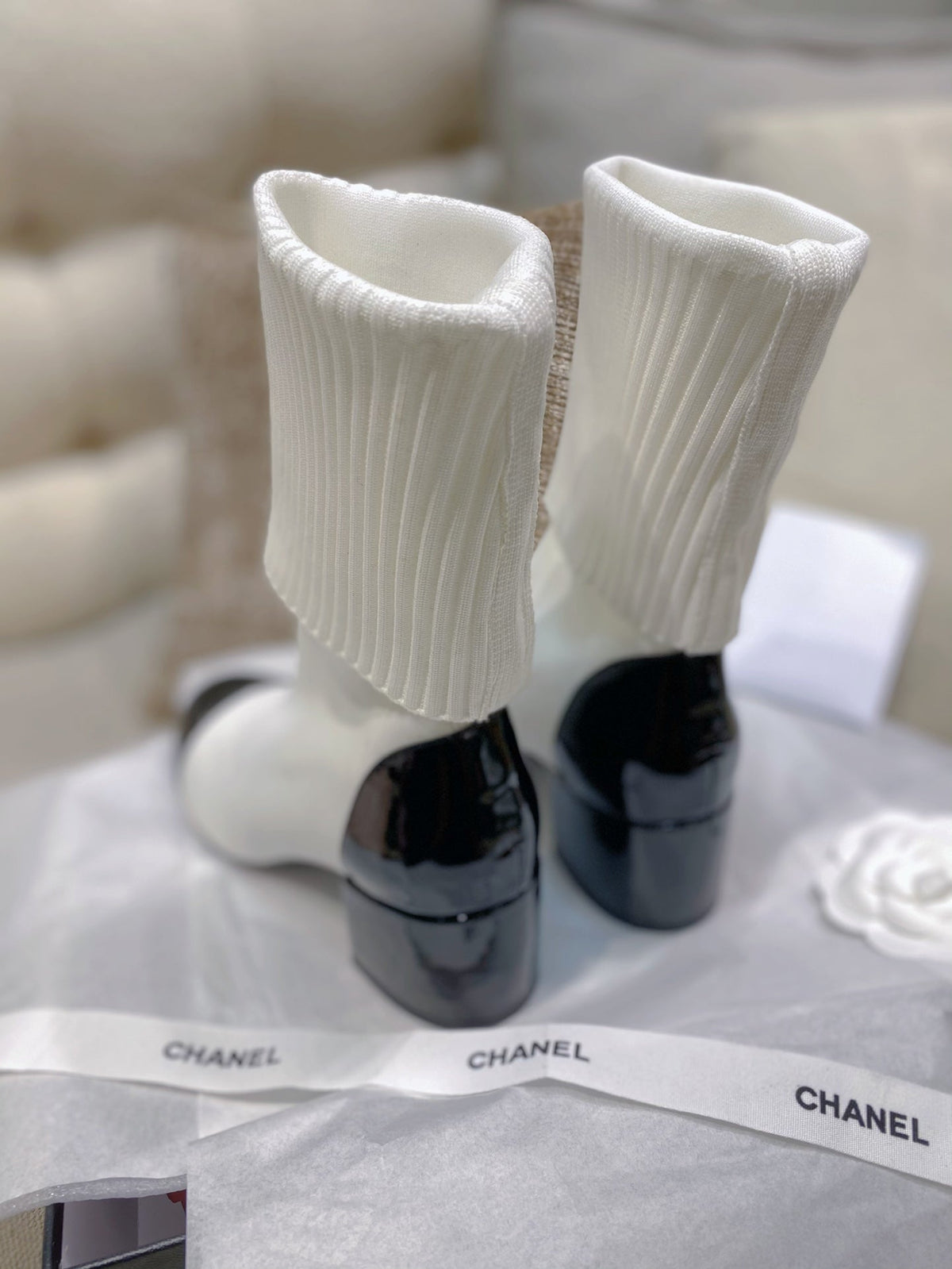 Chanel 26s Sock Boots 5.5cm White Black Knit Patent Leather 156618