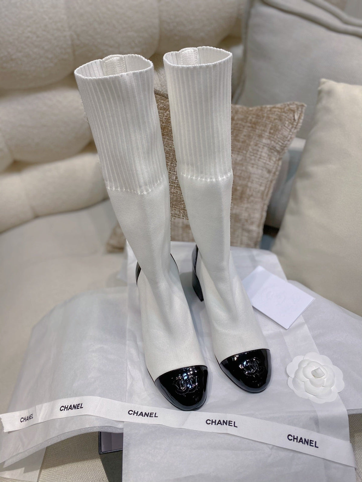 Chanel 26s Sock Boots 5.5cm White Black Knit Patent Leather 156618