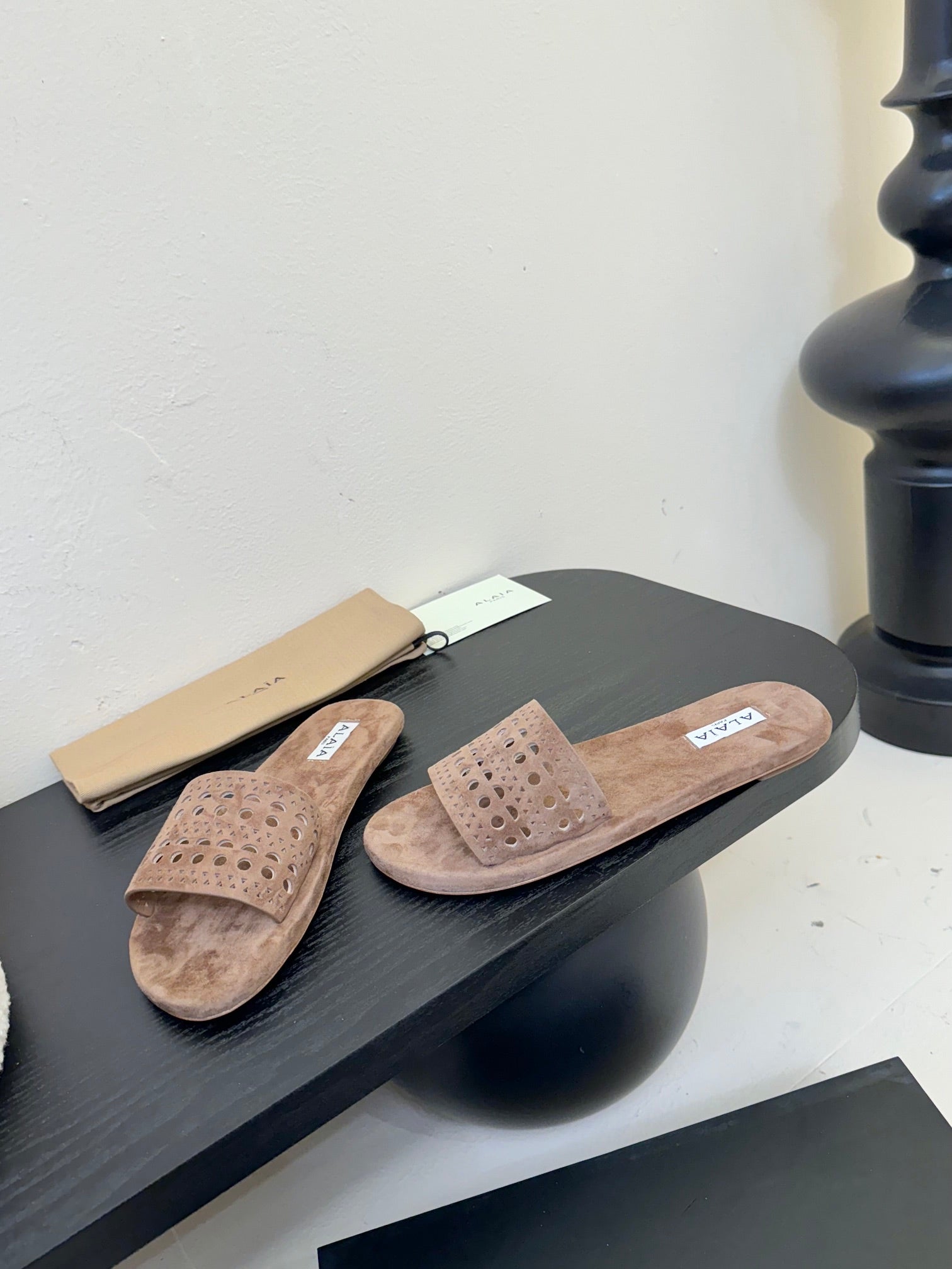 Alaia women laser-cut brown suede leather slide 235542