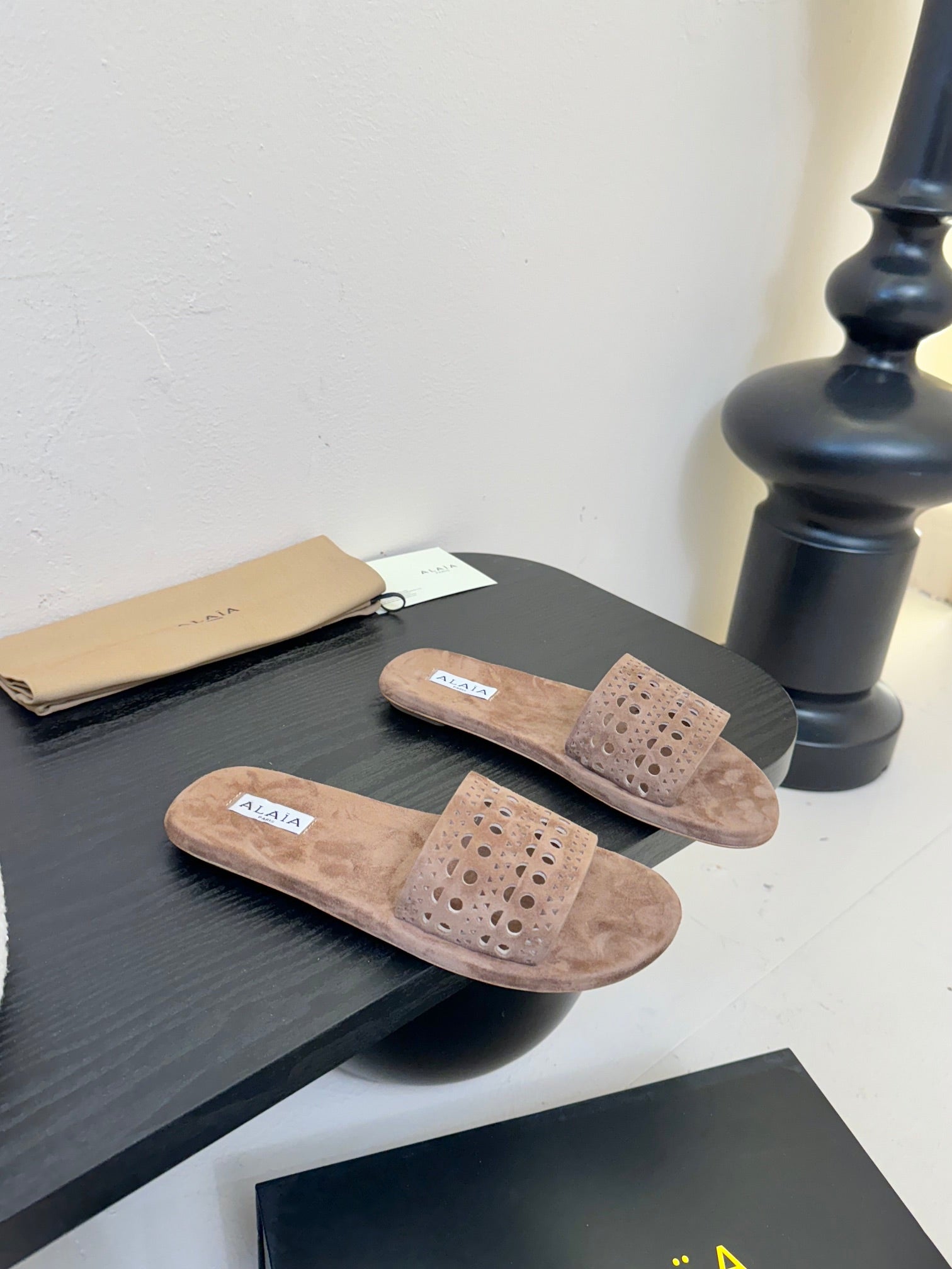 Alaia women laser-cut brown suede leather slide 235542
