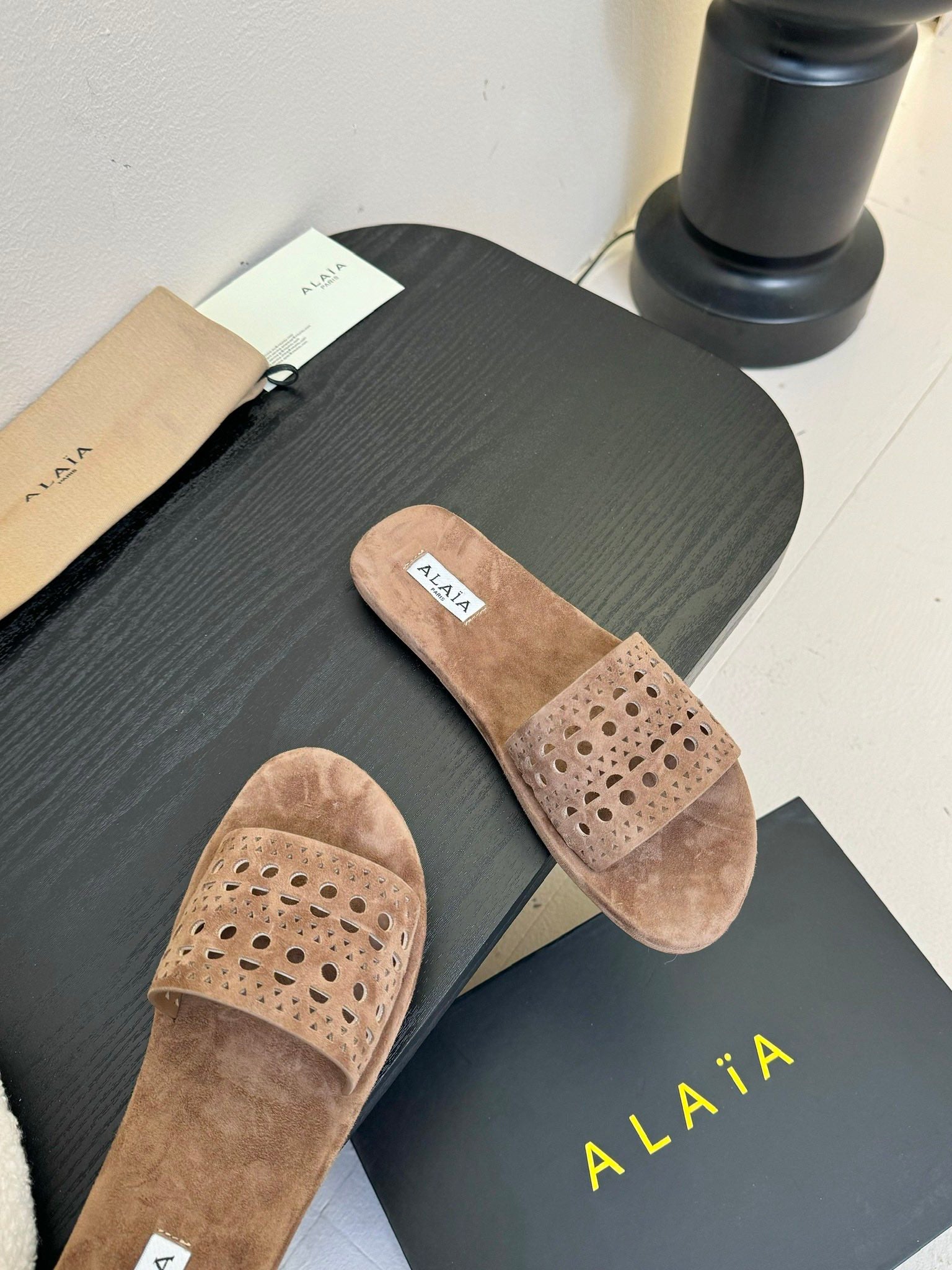 Alaia women laser-cut brown suede leather slide 235542
