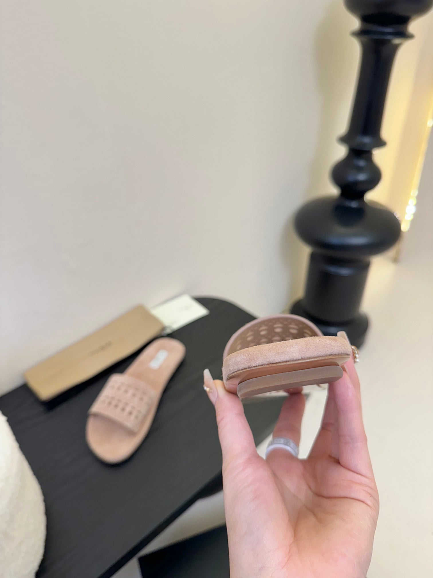 Alaia women laser-cut peach suede leather slide 235543