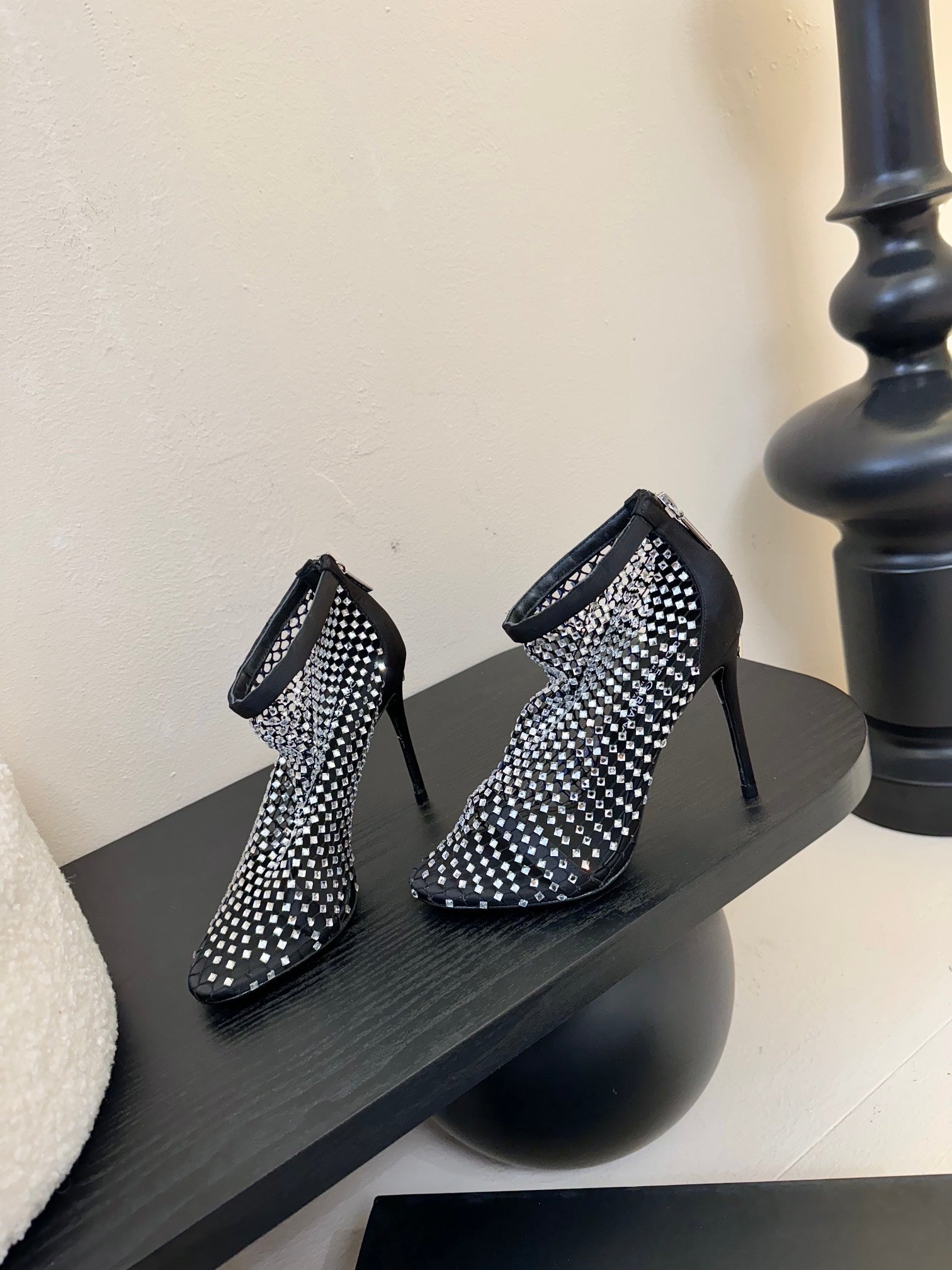 DC Pumps Black White Rhinestone Mesh & Sheepskin 297011